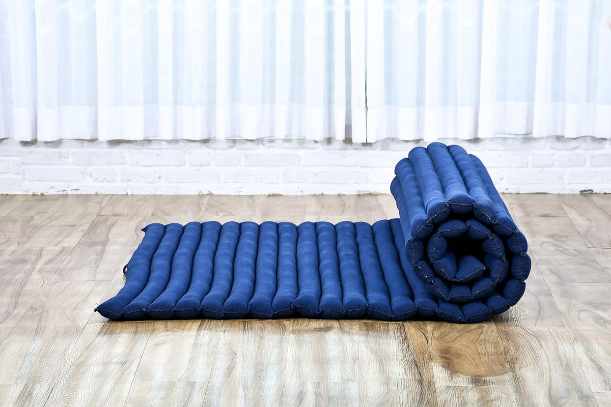Leewadee - Kapok Roll Mat – Handcrafted Folding Sleep & Relaxation Mattress from Thailand, Ideal as Guest Bed, Camping Mat, Yoga Mat or Traditional Futon, 75 x 39 inches, Blue