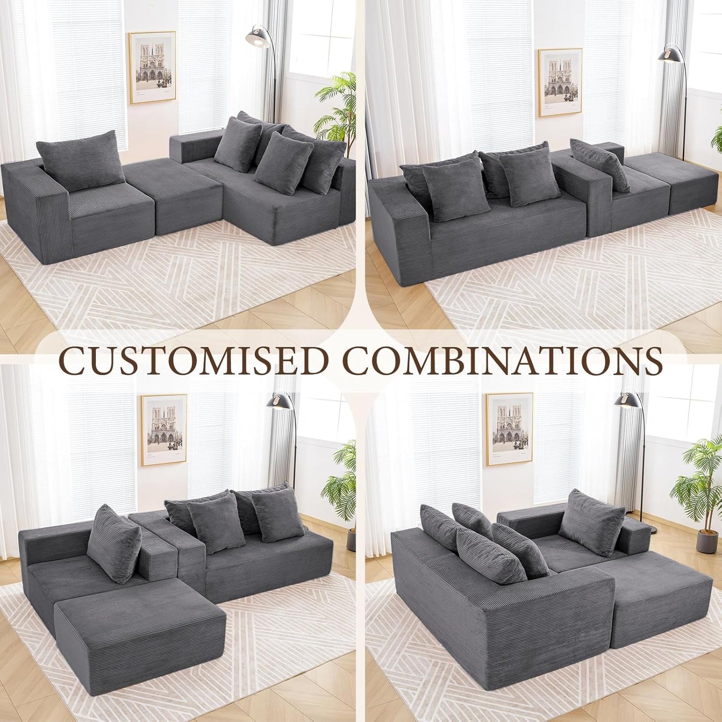 INGEROOM 108" Cloud Sectional Couch with L-Shape Chaise, Modular Sofa Memory Foam, Boneless Sofa with Movable Ottoman, Upholstered Couches for Living Room Bedroom, No Assembly Required, Dark Gray