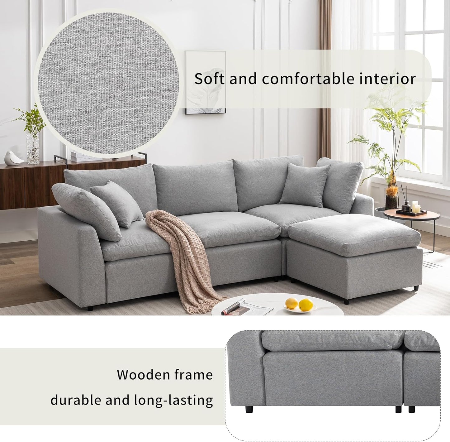 104.3 Inch L-Shaped Modular Sectional Sofa with Reversible Chaise and Pillows, Down Filled Upholstered Convertible Corner Couch for Living Room, Bedroom, Office, Apartment, Light Gray