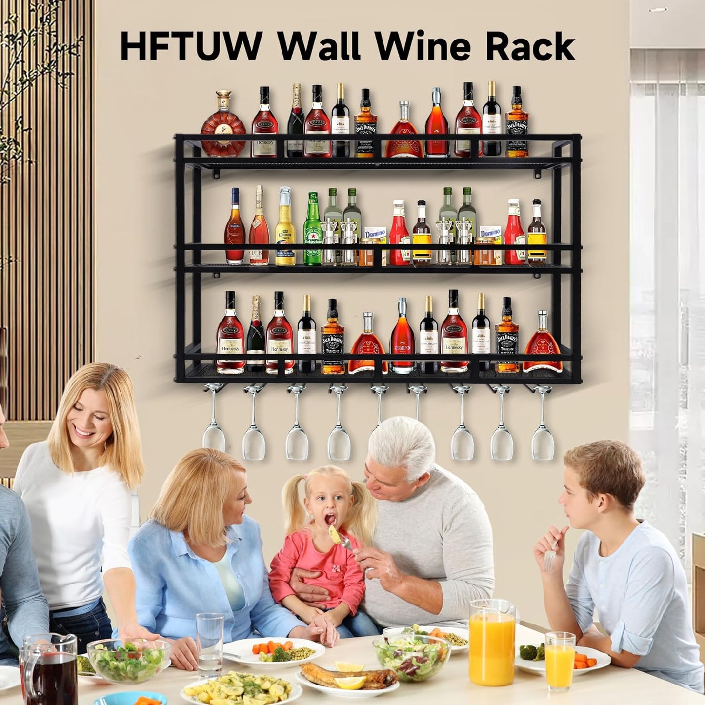 Metal Wine Rack Wall Mounted, Bar Shelves for Liquor Bottles with LED Light, 3 Tier Large Capacity Liquor Rack Wall Mounted with Glass Holder for Home Bar & Dining Room (Black, 79in/200cm)