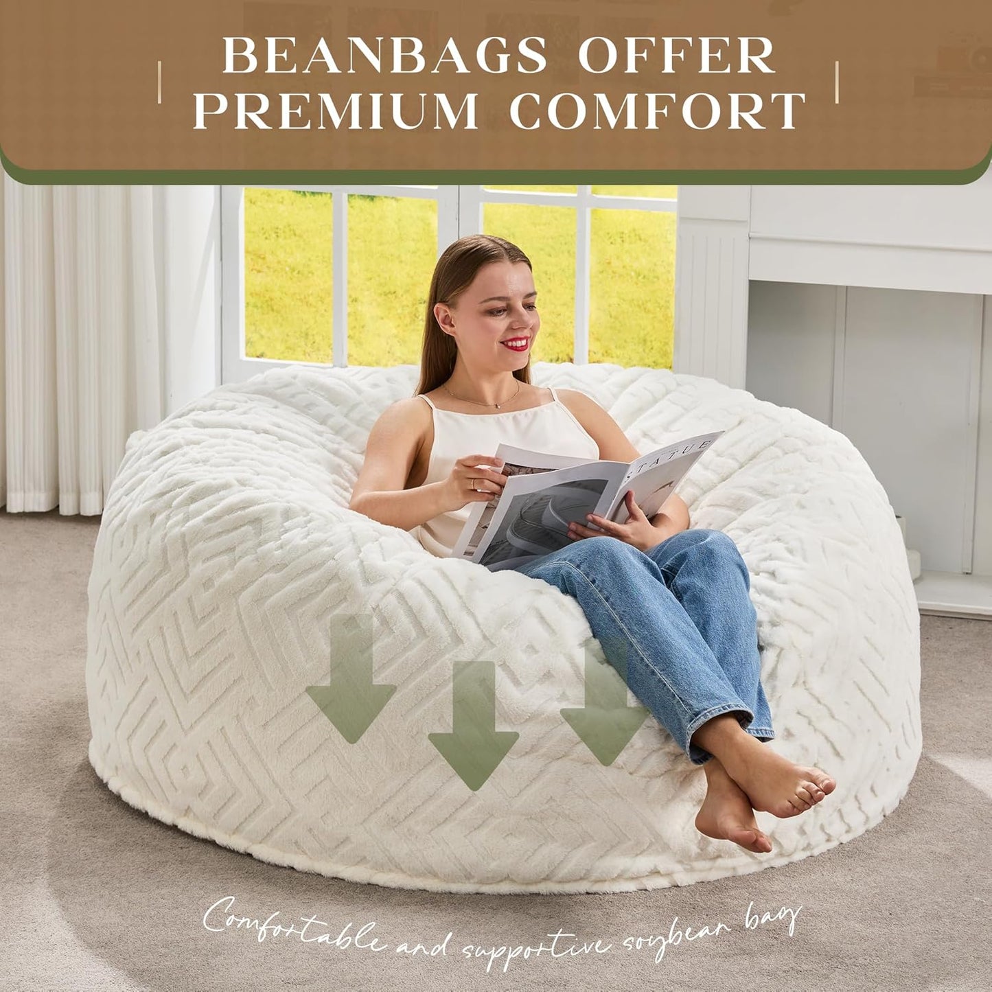 Hobestluk Bean Bag Chairs Adults Beanbag Chair with Filler Large Bean Bags with Fluffy Embossed Cover, Giant Bean Bag Chairs for Adults (White, 4FT - 44” x 44” x 24”)