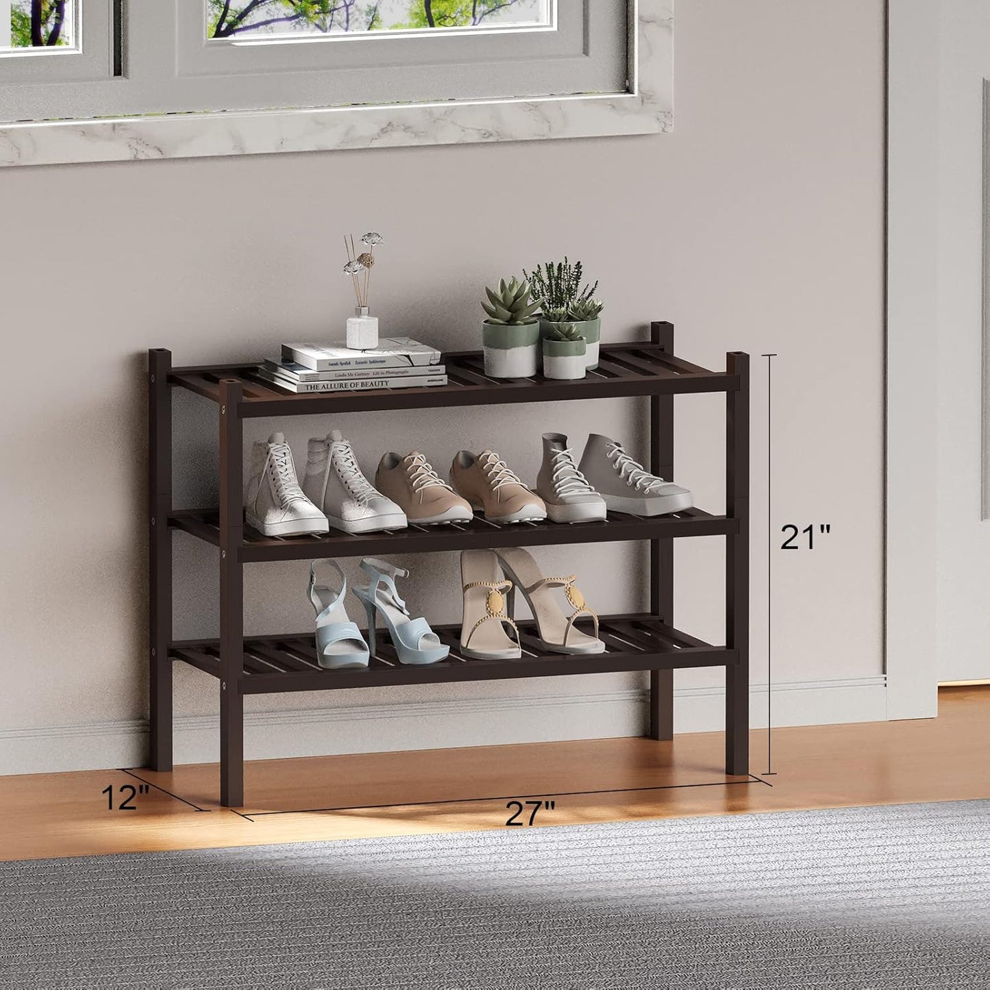 3 Tier (Thick) Bamboo Shoe Rack for Closet Free Standing Wood Shoe Shelf for Entryway Small Space Stackable 27"x12"x21" (Black Brown)