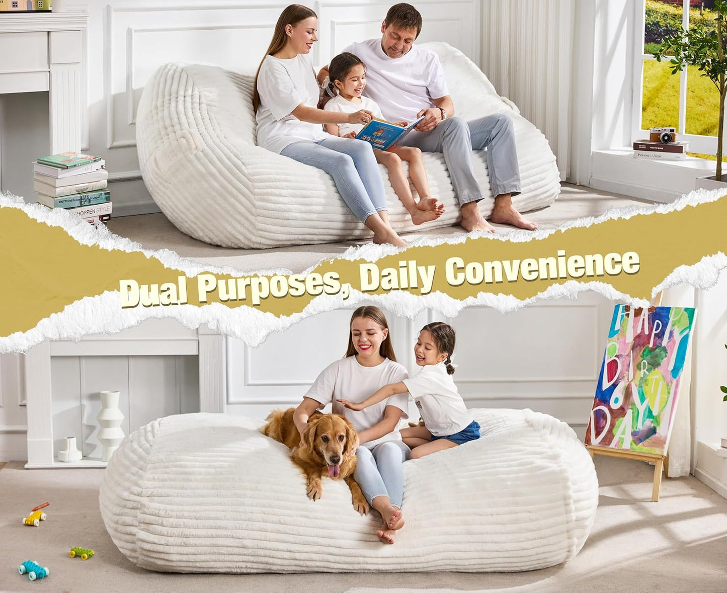 Hobestluk 6FT Bean Bag Chairs Adult Bean Bag with Portable Handle Comfy Large Bean Bag Lounge Chair with Removable Cover for Living Room Bedroom (Stripe White, 6FT)