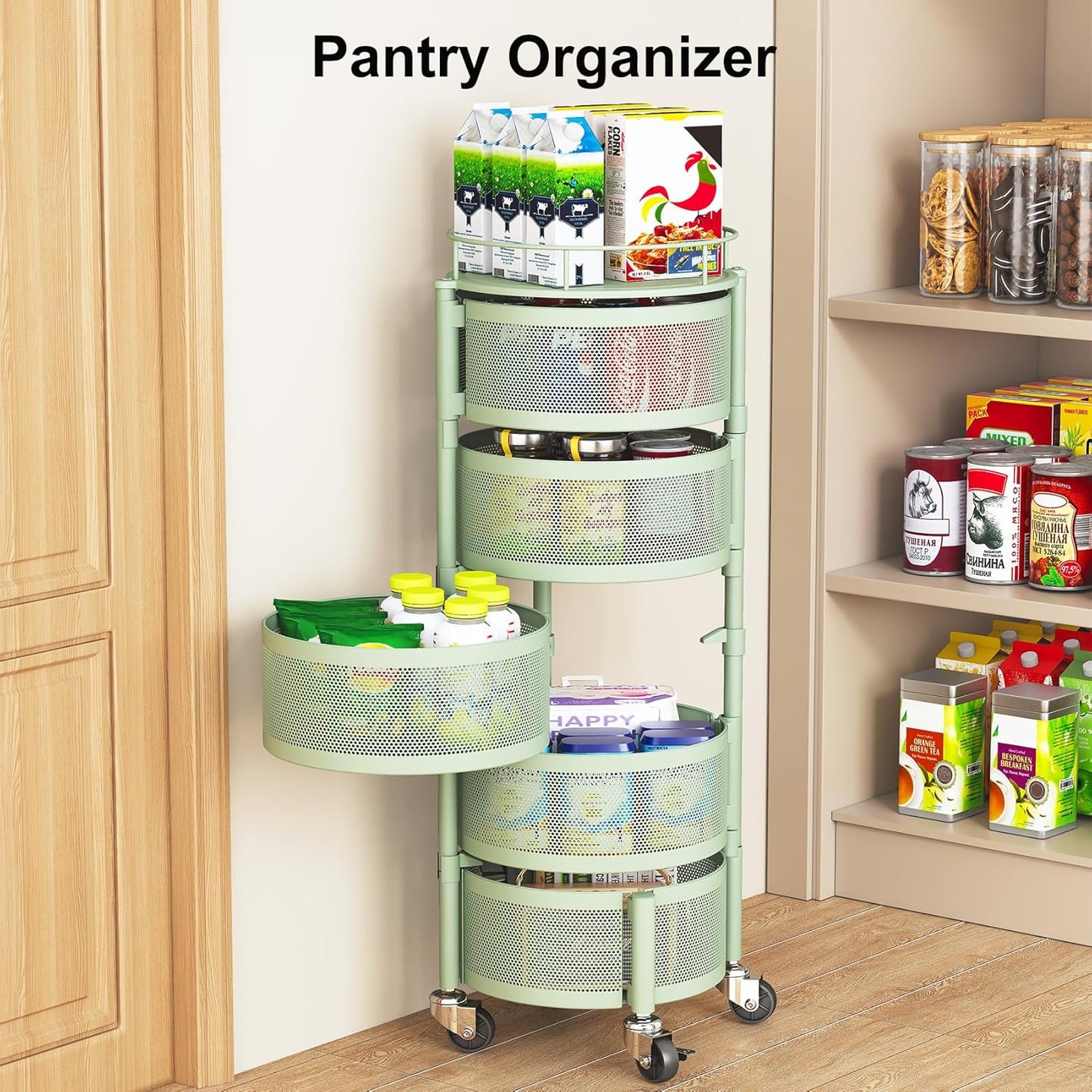 SAYZH Fruit Vegetable Basket for Kitchen, Rotating Storage Rack, 5 Tier Rolling Cart with top lid, Large Metal Wire Basket for for Potato Onion Snack, Black (Green)