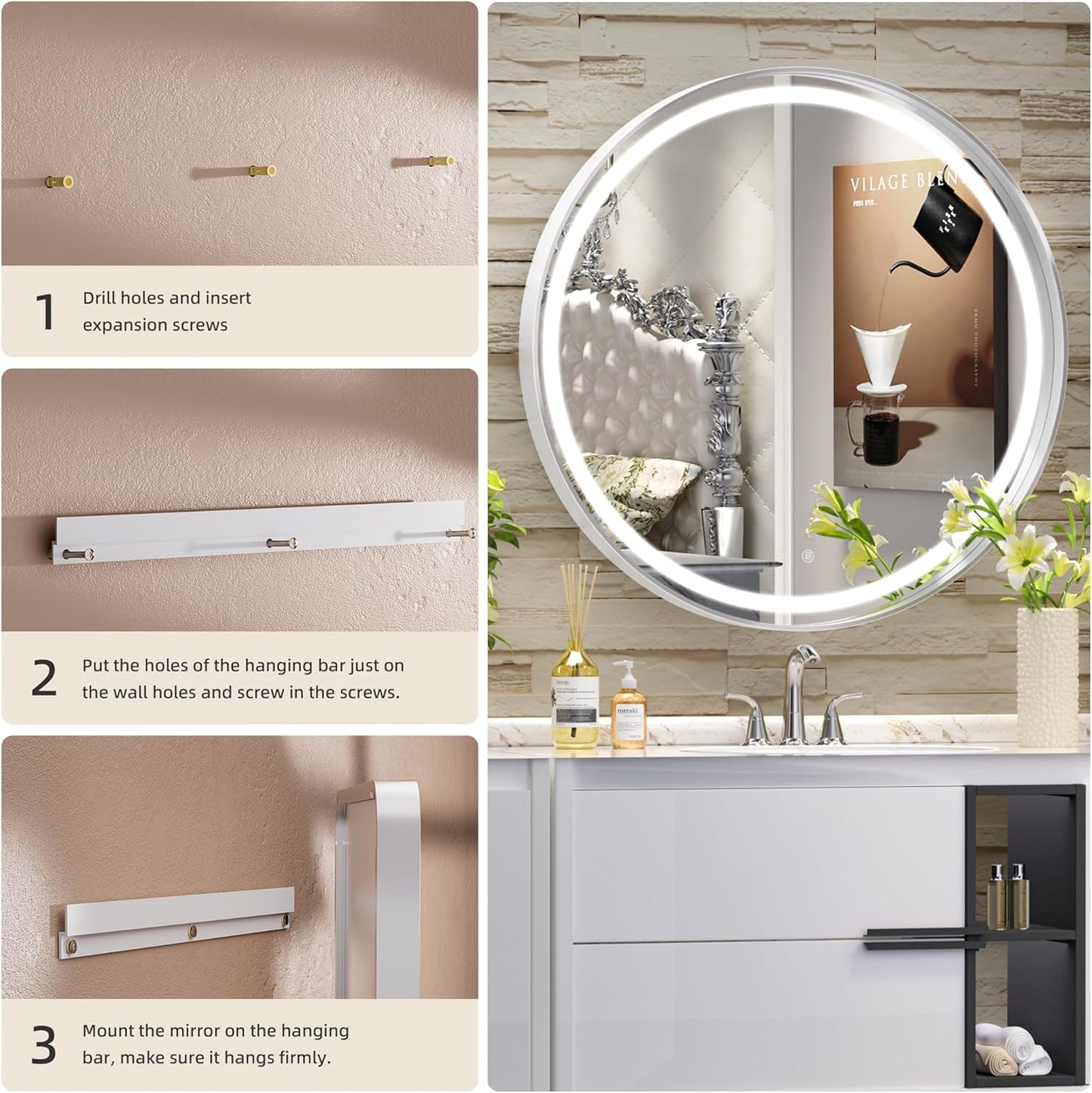 Hasipu 24 Round LED Mirror for Bathroom with Lights, Silver Circular Vanity Mirror for Wall, Metal Framed Frontlit Bathroom Mirrors Anti-Fog, Dimmable, 3 Colors Makeup Mirror Wall Mounted