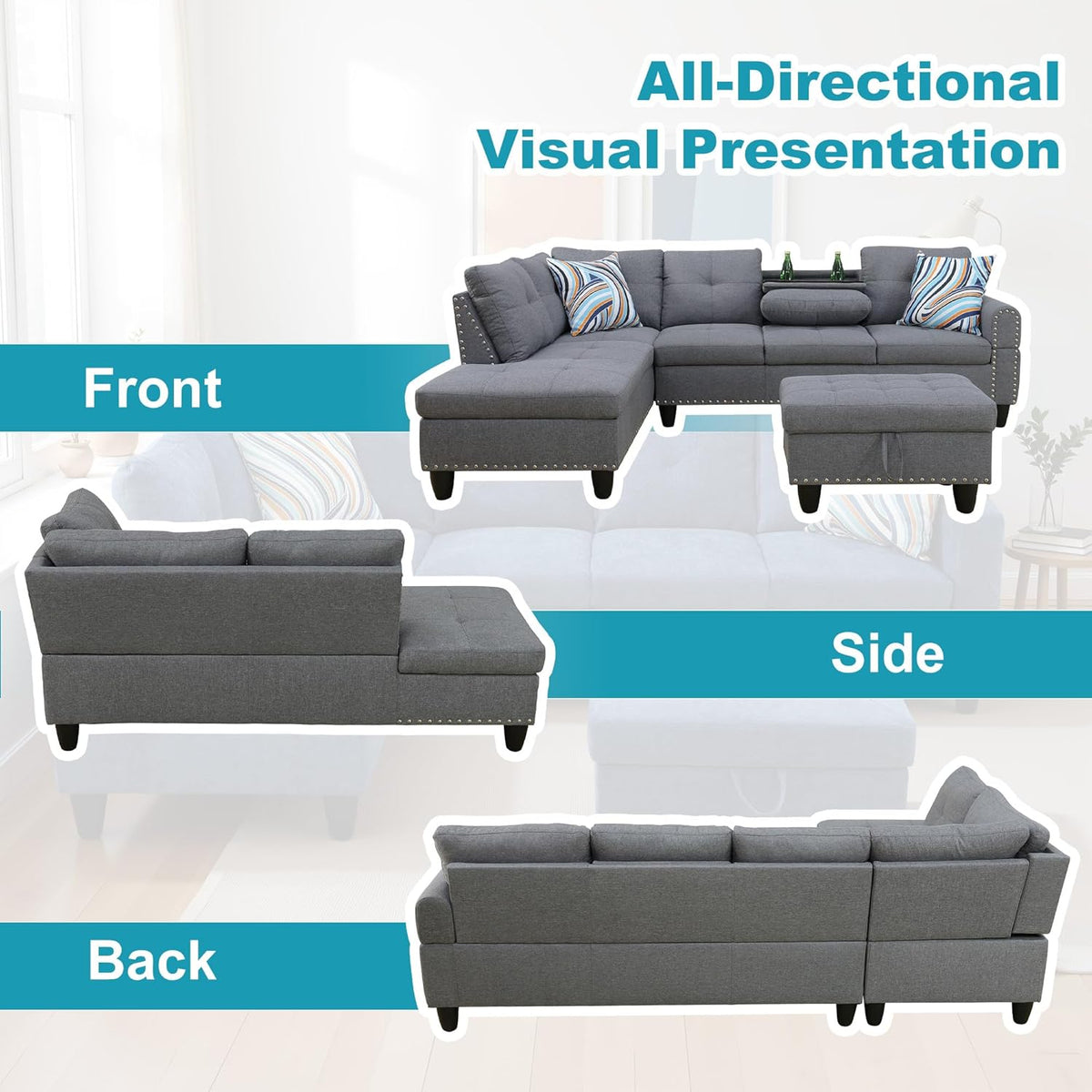 L Shaped Couch Modern Sectional Couch Upholstered Linen Fabric 3 Pieces Sofas for Living Room with Chaise, Storage Ottoman for Office and Small Apartment, Charcoal