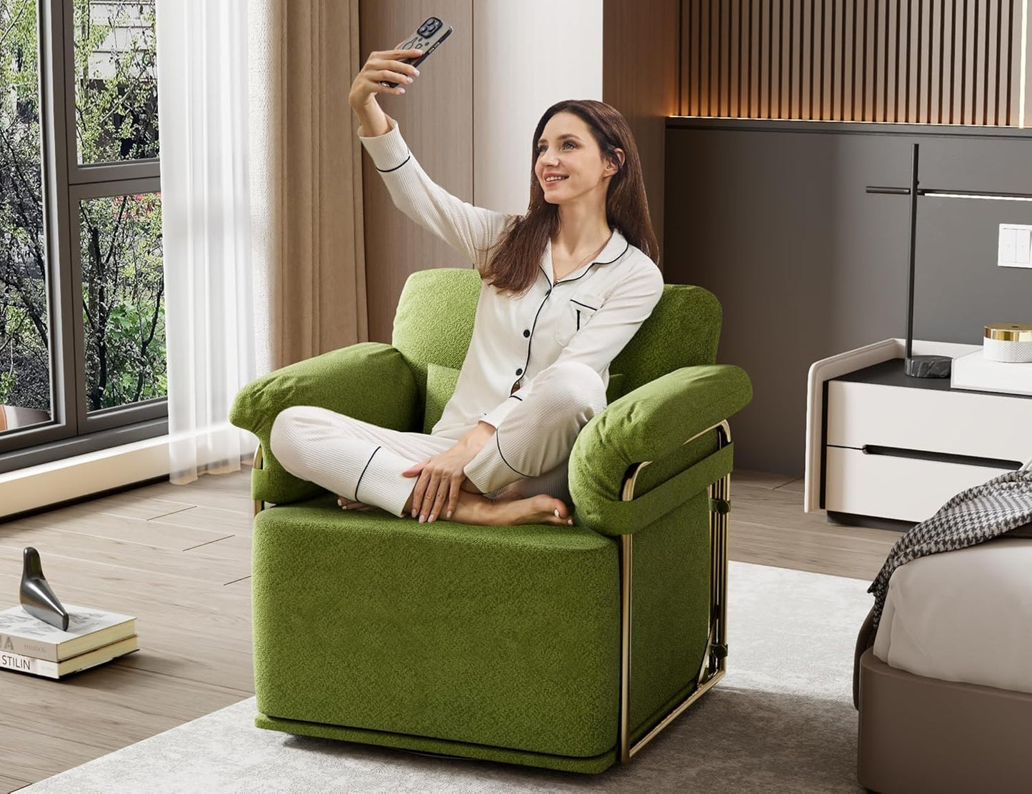 KEIKI Modern Comfy Swivel Accent Reading Chair with Waist Pillows, 360°Square Upholstered Barrel Armchair Single Club Lounge Sofa Chairs for Living Room,Bedroom,Office,Green