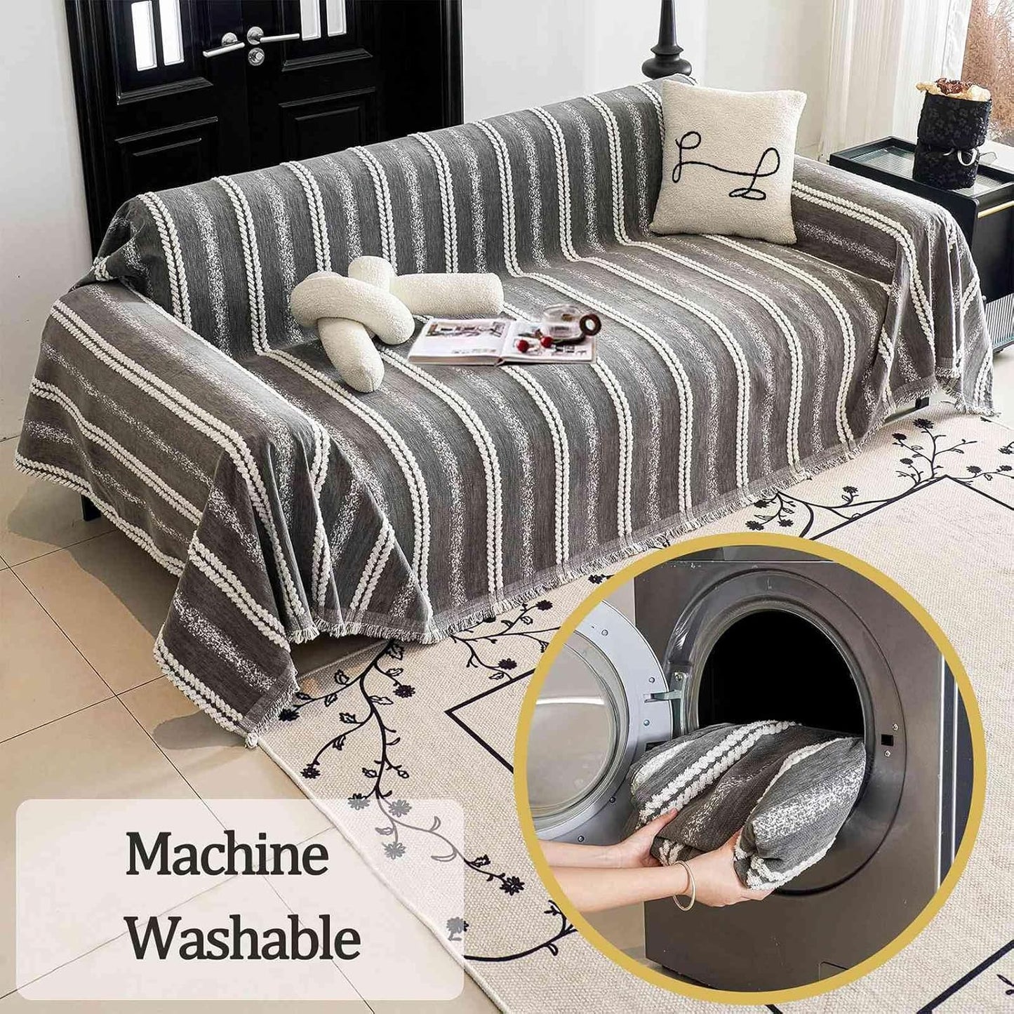 Couch Cover for Dogs Washable Sofa Cover, Sectional Couch Covers, Sofa Covers for 2 Cushion Couch, Non Slip Stripe Sofa Slipcovers Furniture Protector, Couch Protector from Cat Claws, Grey,71''x134''