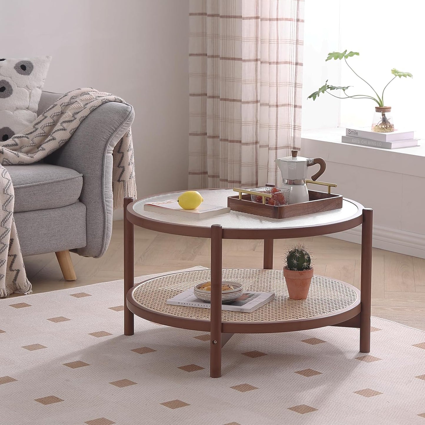 Tiita Rattan Coffee Table, Large Round End Table, 27.6 Inch Modern Side Table, Living Room Side Table, Glass Sofa End Table for Balcony and Office Outdoor/Indoor (Walnut)
