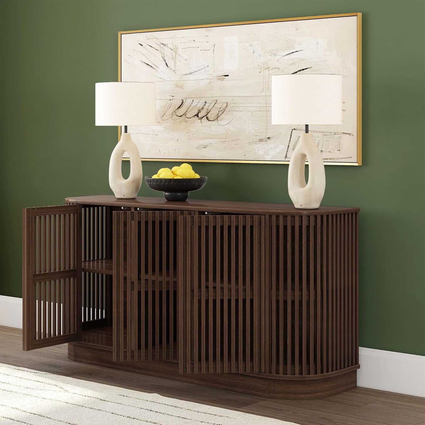 Plank+Beam Contour Wood TV Stand, Three Door Solid Wood Entertainment Console with Storage, 59" L x 16" W x 30" H, Walnut