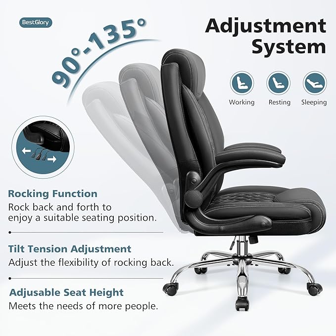 Office Chair, Ergonomic High Back Home Office Desk Chair, Big and Tall Breathable Leather Office Chair with Lumbar Support Flip-Up Armrests, Computer Gaming Chair with Rocking Function