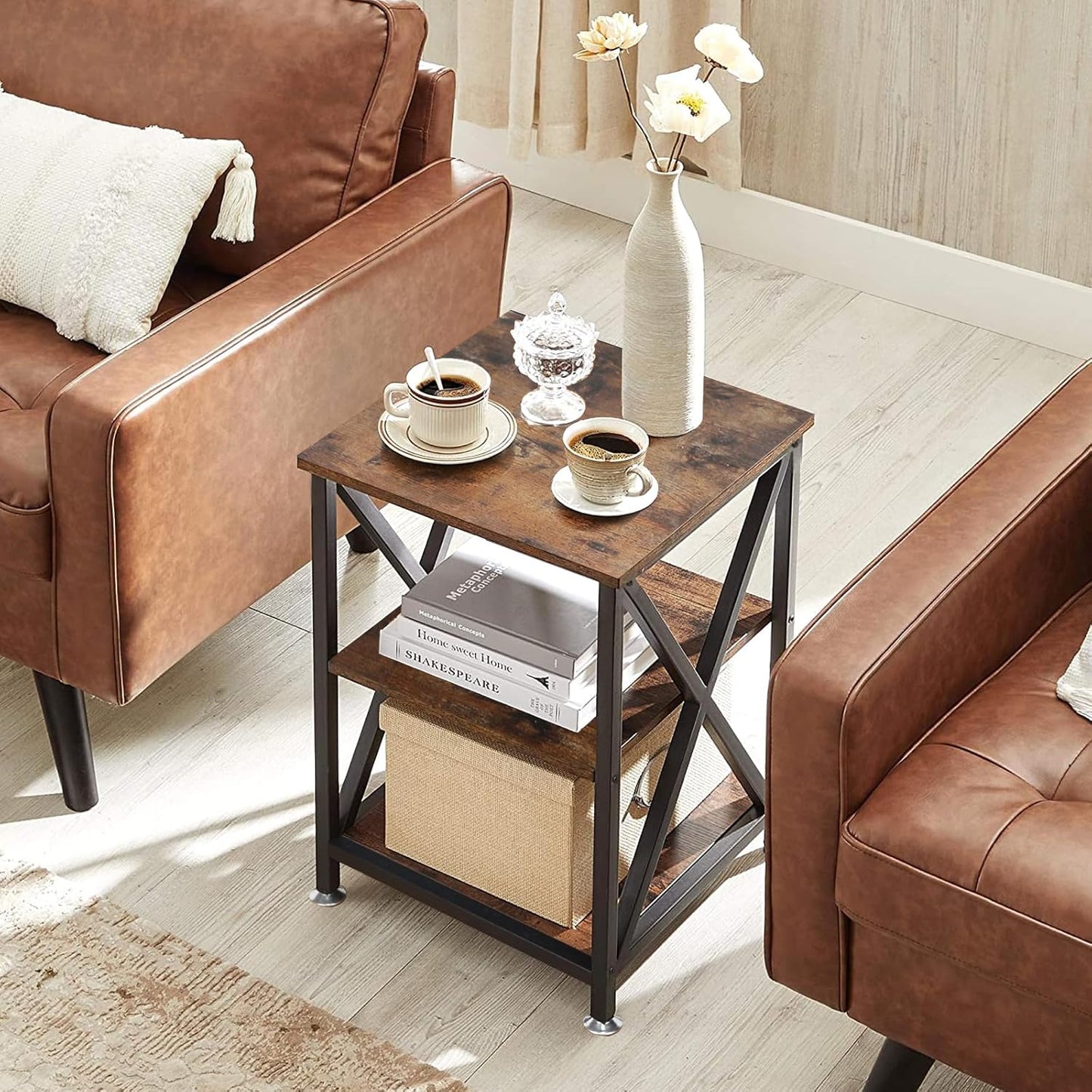 Square End Table with Storage Shelf, 16" D X 16" W X 24" H, 3-Tier End Table Living Room, Rustic Brown End Tables, X-Shaped Night Stand for Bedroom, Farmhouse Wood End Tables