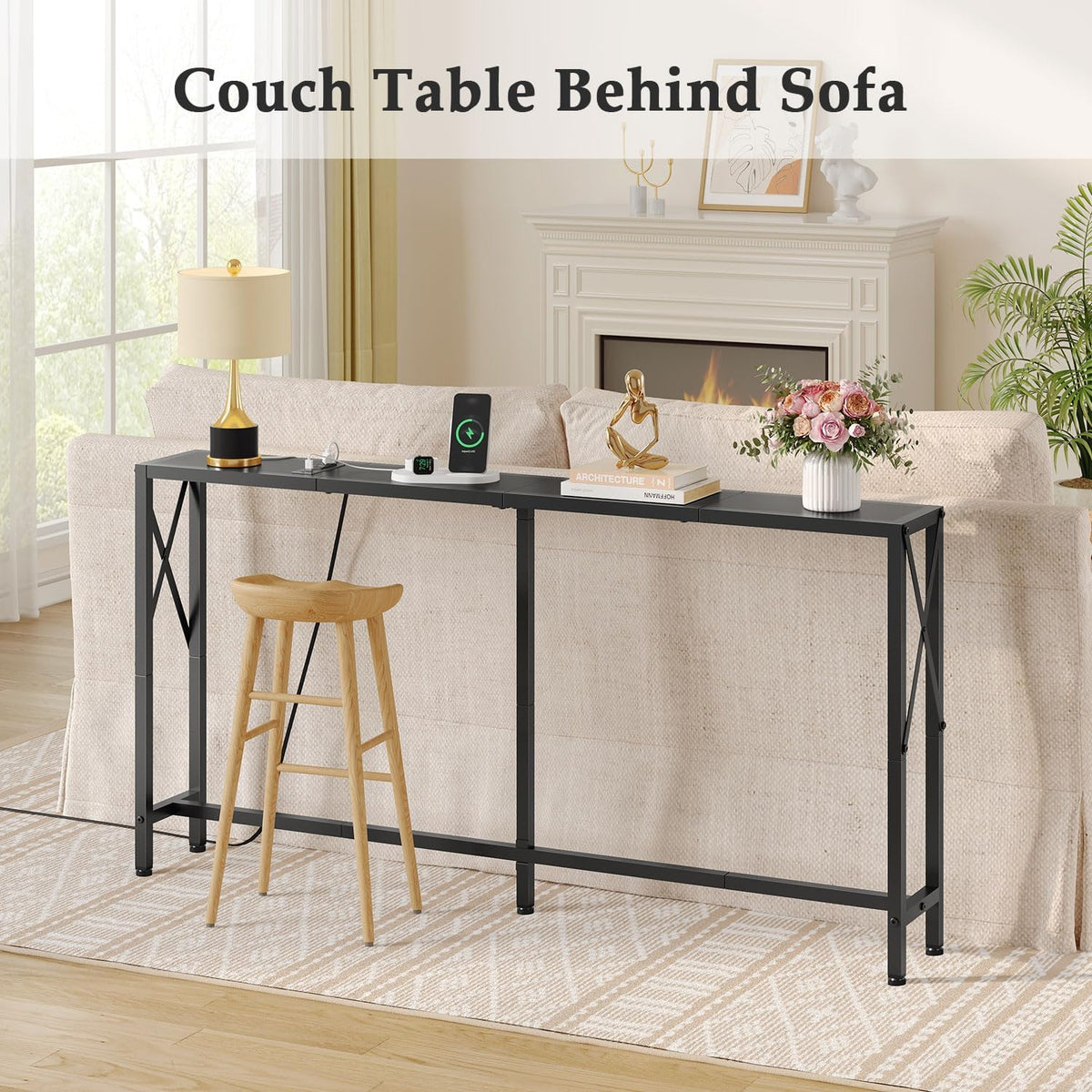 55.1" Narrow Sofa Table, Console Table with Oulets & USB Ports, Entryway Table, Industrial Couch Table for Hallway, Living Room, Bedroom, 6.5 Feet Power Cord,Black