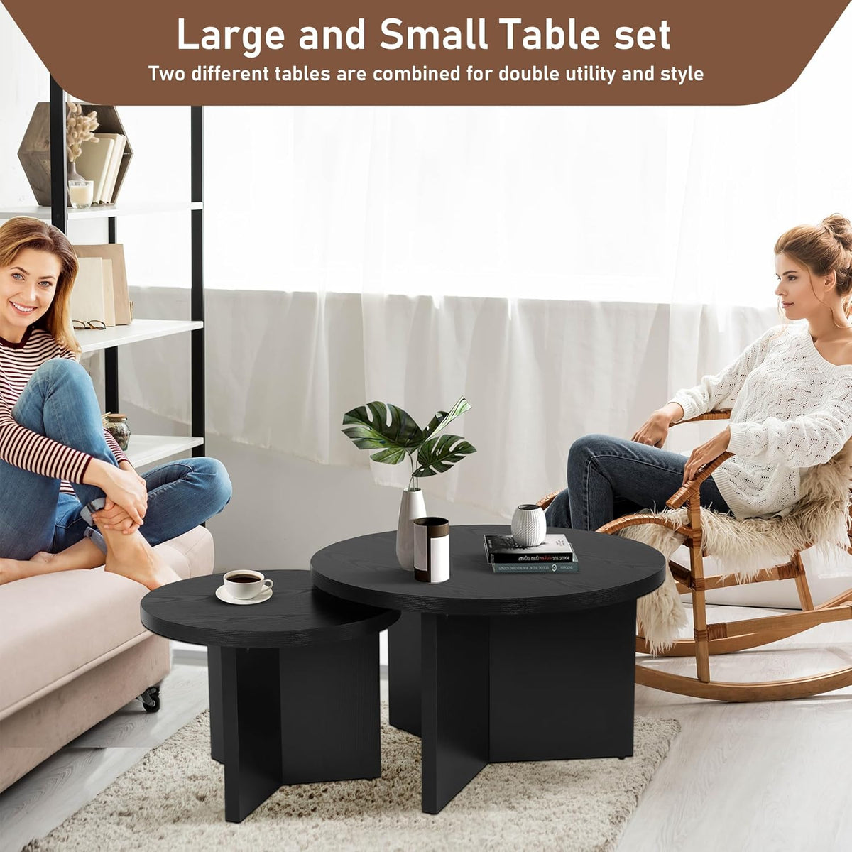 Round Nesting Coffee Tables Set of 2, Modern Stacking Table with Wood Grain Finish, End Table Side Tables for Living Room (Black)