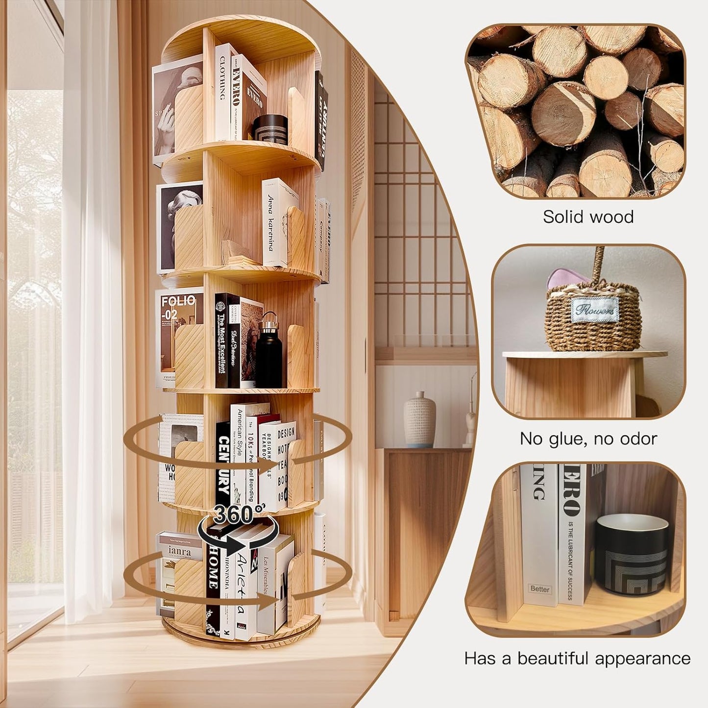 Rotating Bookshelf,360 Display Round 5 Tier Floor Standing Bookcase Storage Rack,Wood Spinning Bookshelf Tower for Bedroom,Living Room