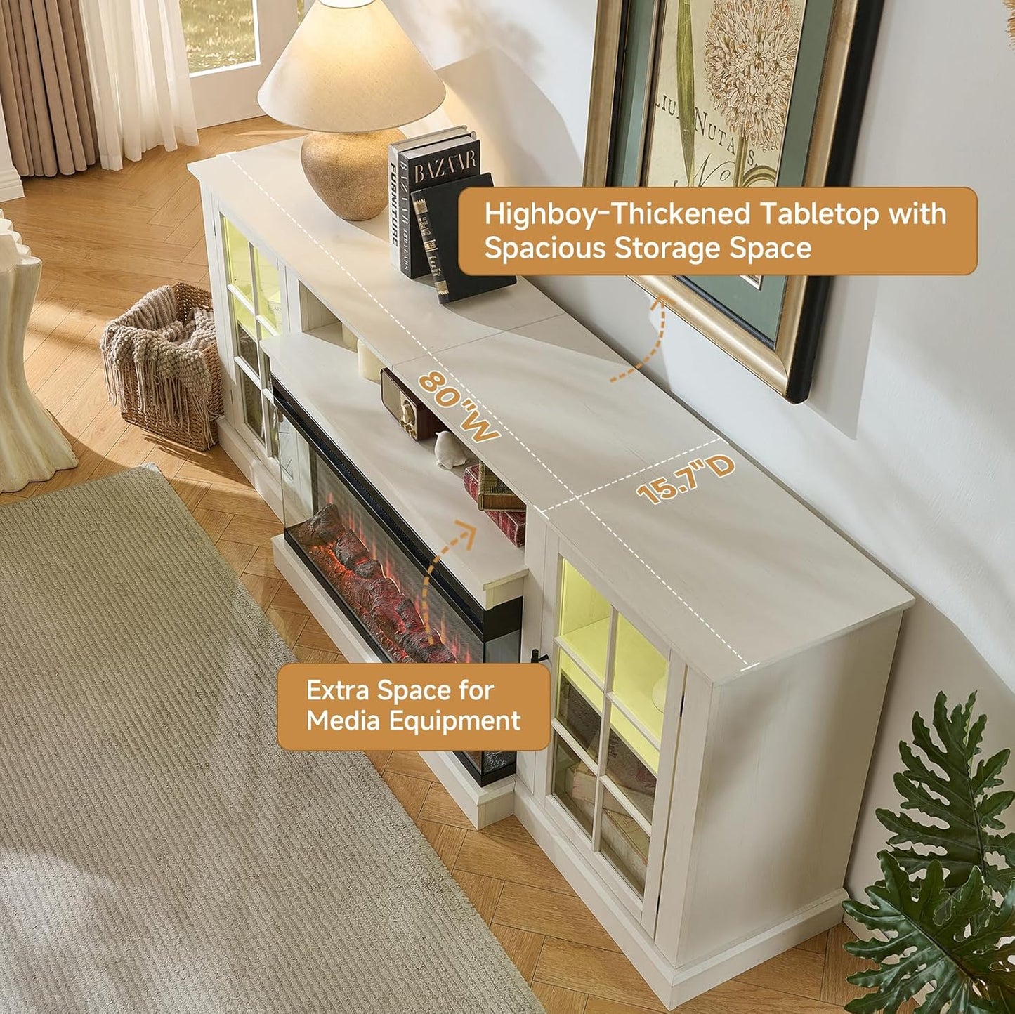 ROCKPOINT 3 Sided Glass 80" Fireplace TV Stand for TVs up to 90", Media Entertainment Center with Glass Door Storage Cabinet for Living Room,36" Electric Fireplace & Adjustable LED Light,White