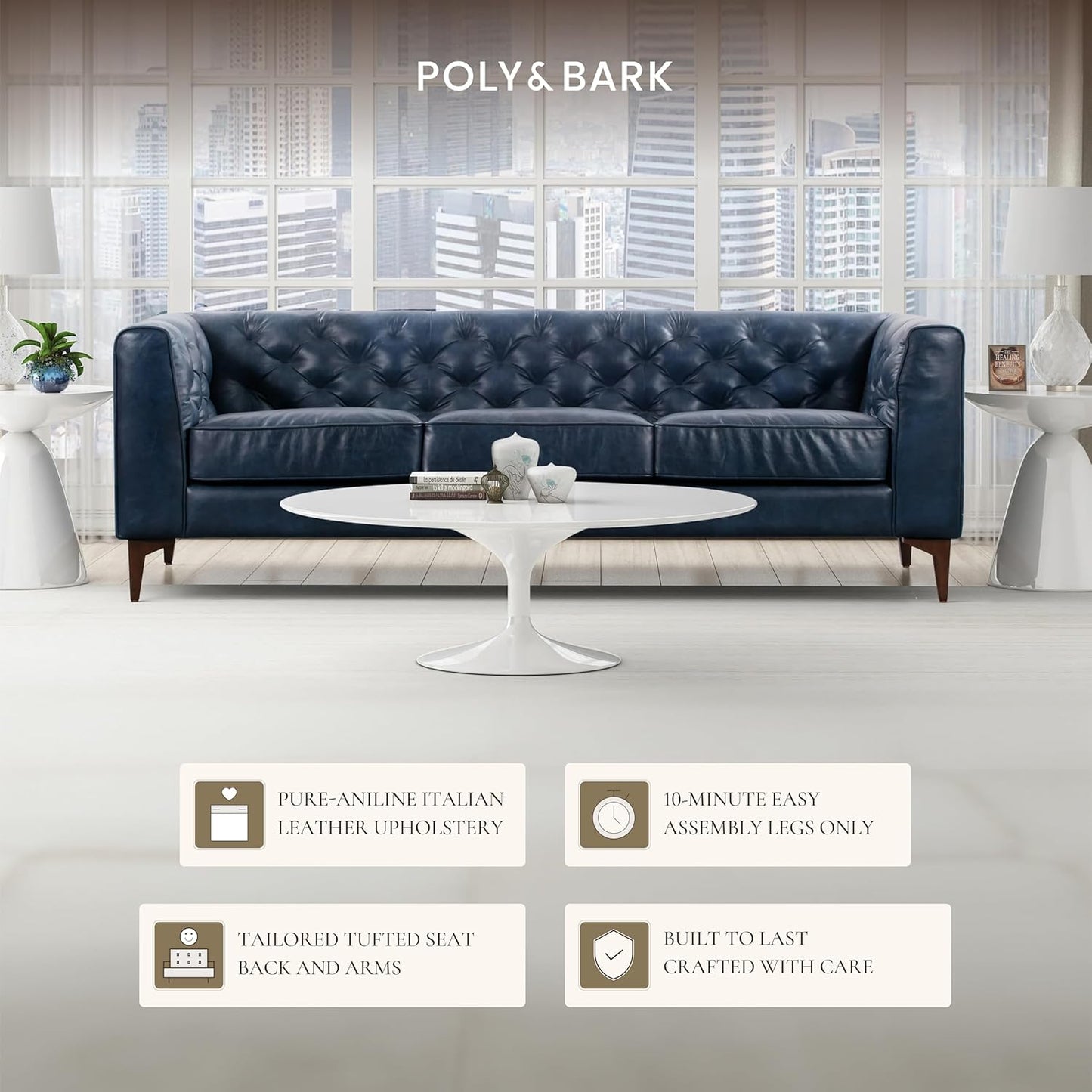 Poly & Bark Essex Leather Couch - 89-Inch Sofa with Tufted Back - Full-Grain Leather Sofa for Living Room with Feather-Down Topper - Living Room Couch - Vintage Italian Leather in Midnight Blue