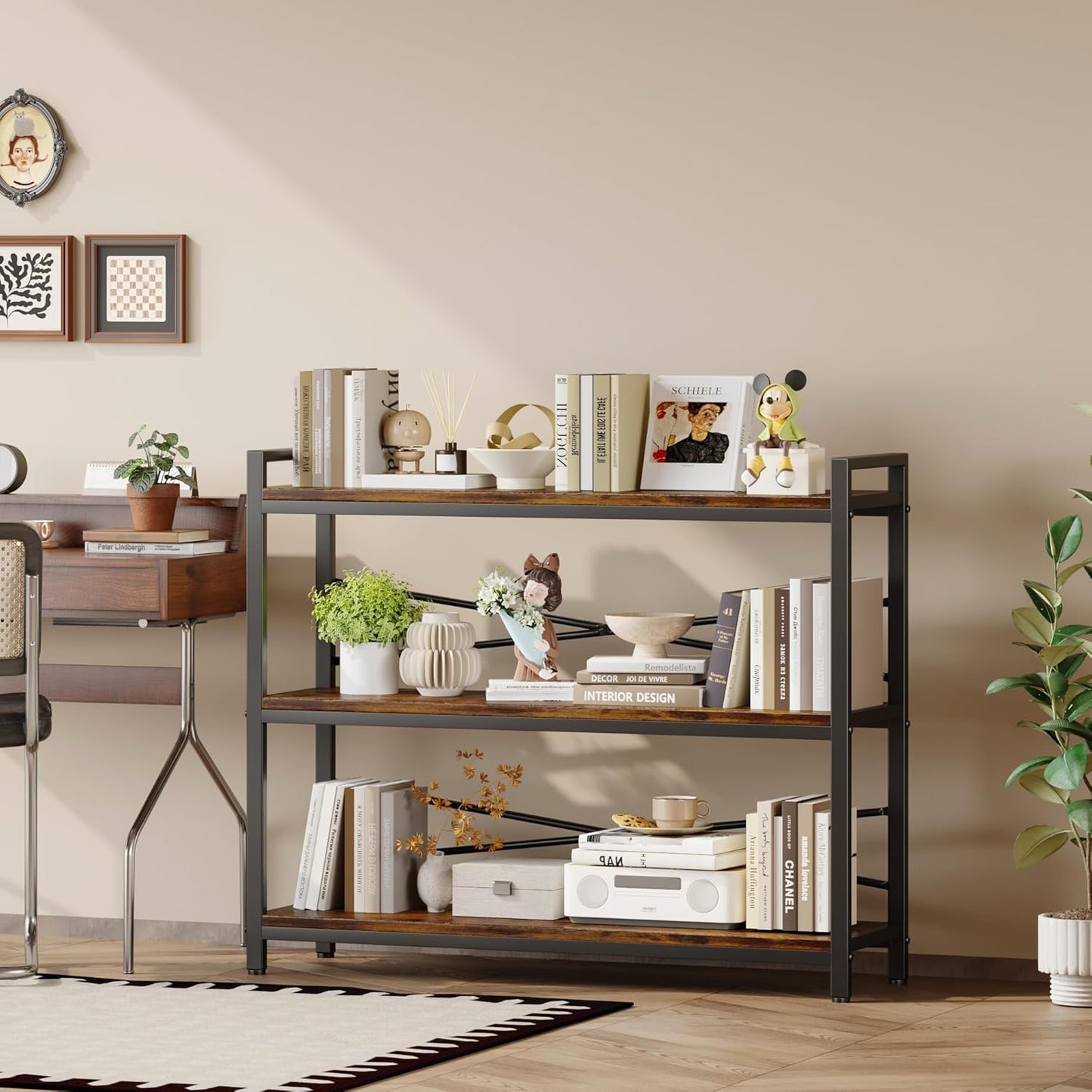 3 Tier Bookshelf 39.37" Width, Long Industrial Bookcase, Vintage Farmhouse Modern Wooden Big Book Shelf for Home Living Room Bedroom Office Storage(Rustic Brown)