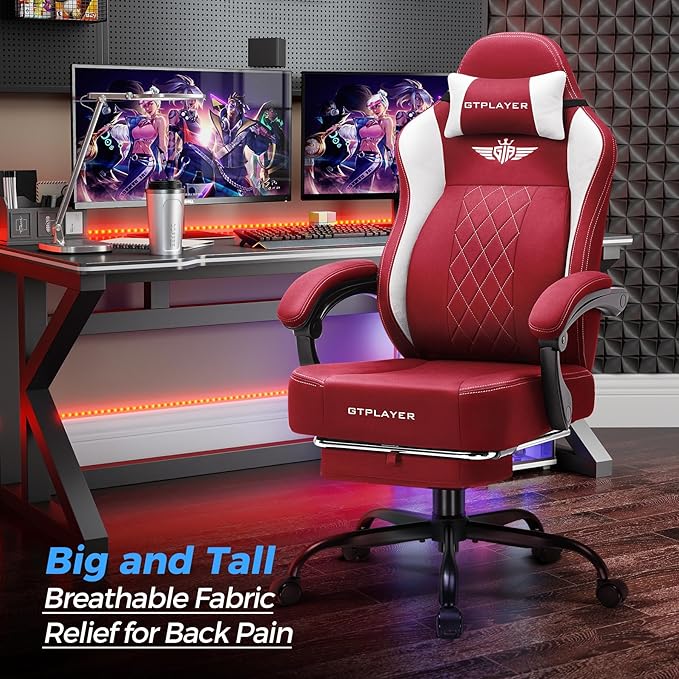 GTPLAYER Big and Tall Gaming Chair Breathable Fabric Computer Chair with Strong Lumbar Support, Comfortable Office Chairs with Pocket Spring Cushion, High Back Ergonomic Desk Chairs with Footrest