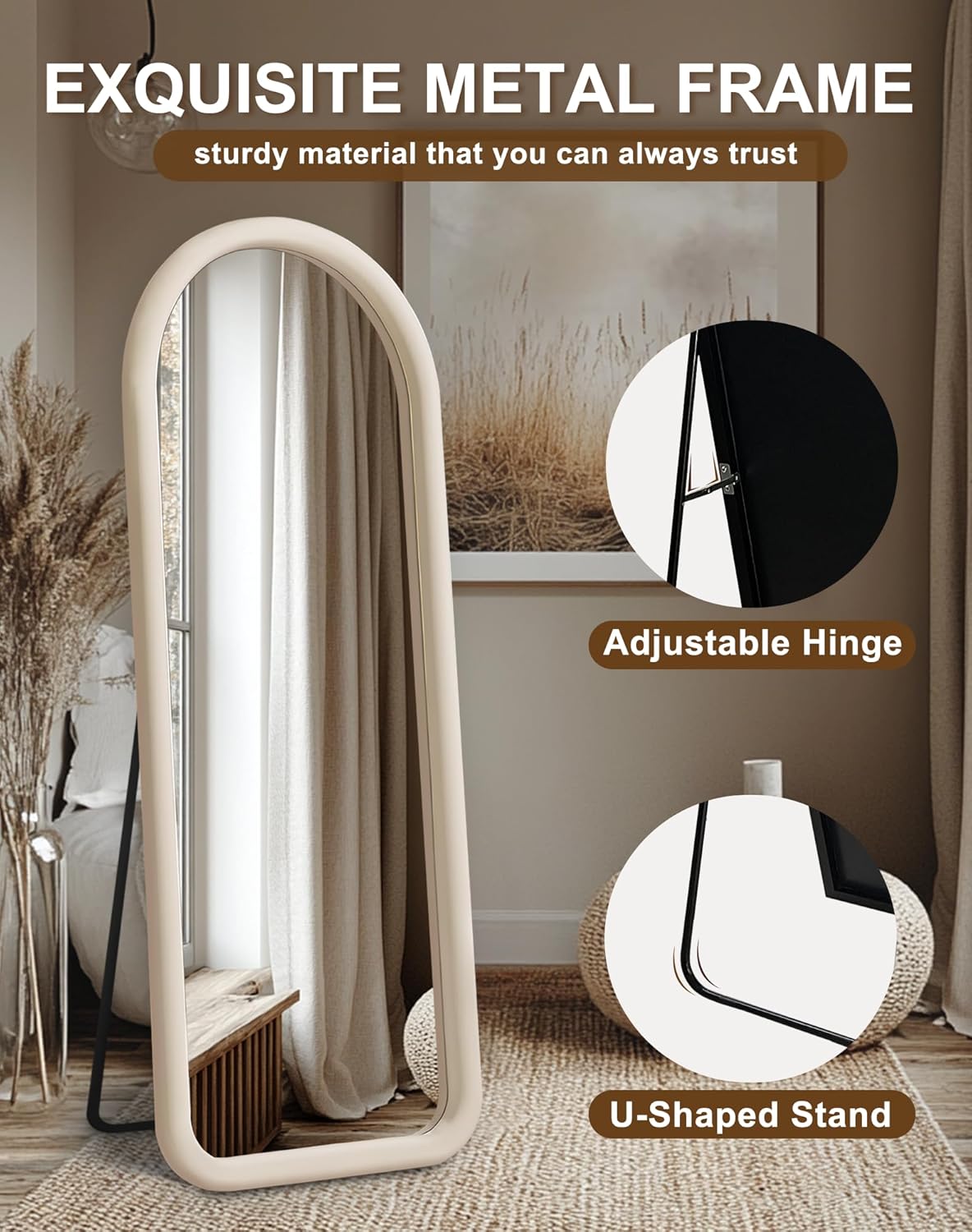 Delma Arched Full Length Mirror, Free Standing Floor Velvet Frame Mirror for Leaning or Hanging, Soft Touch Bedroom & Living Room Decor, Cream White