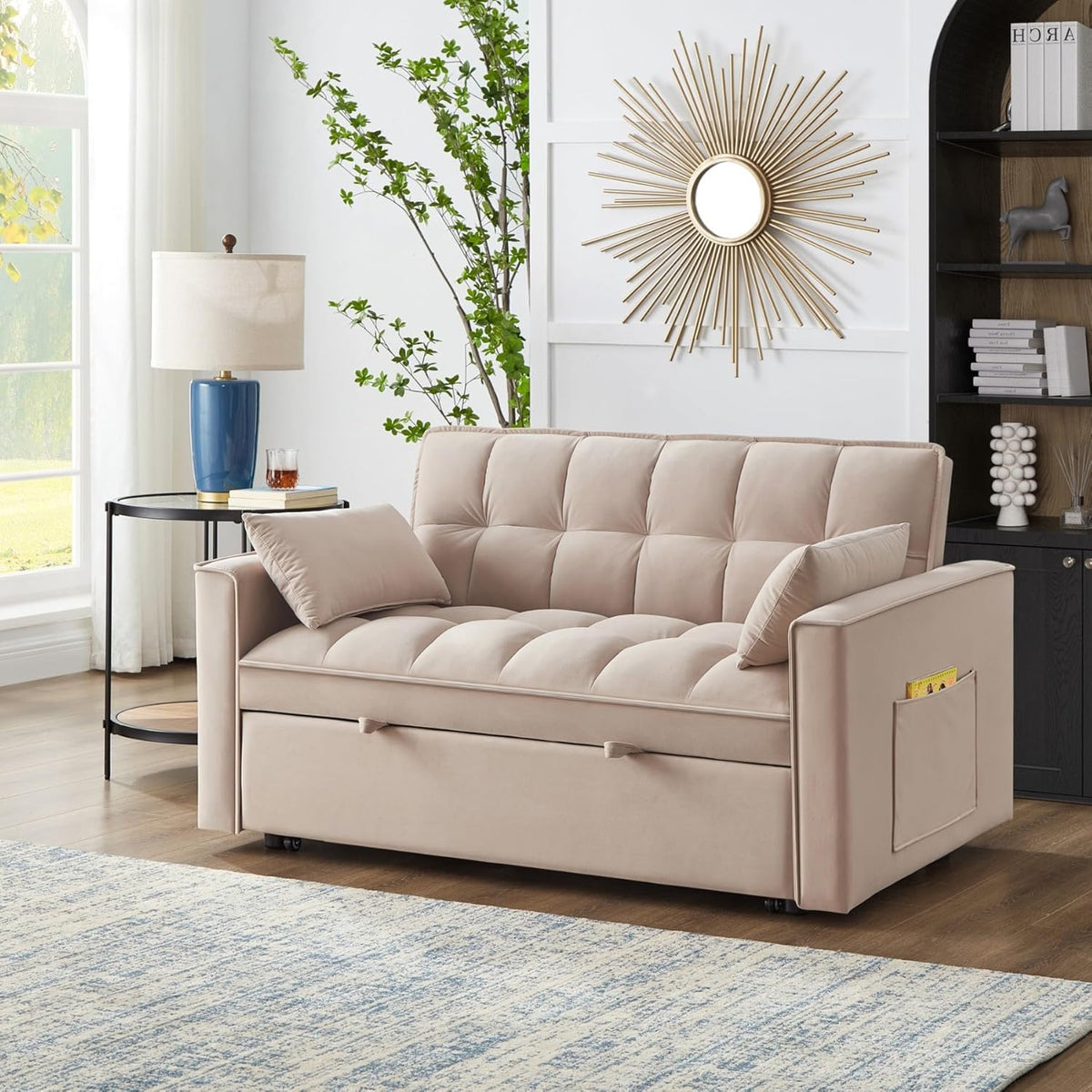 KEIKI Velvet Loveseat Convertible Sofa Bed Sleeper Chair with Adjustable Backrest, Pillows & Storage Pockets, 3 in 1 Pull-Out Couch Chaise Lounge Recliner for Living Room Balcony Bedroom, Taupe