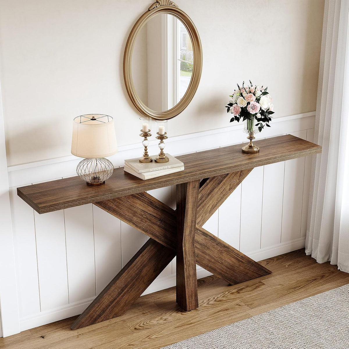 LITTLE TREE 70.9" Narrow Console Table, Industrial Entryway Table for Entryway, Modern Accent Table for Living Room, Hallway, Foyer, Brown