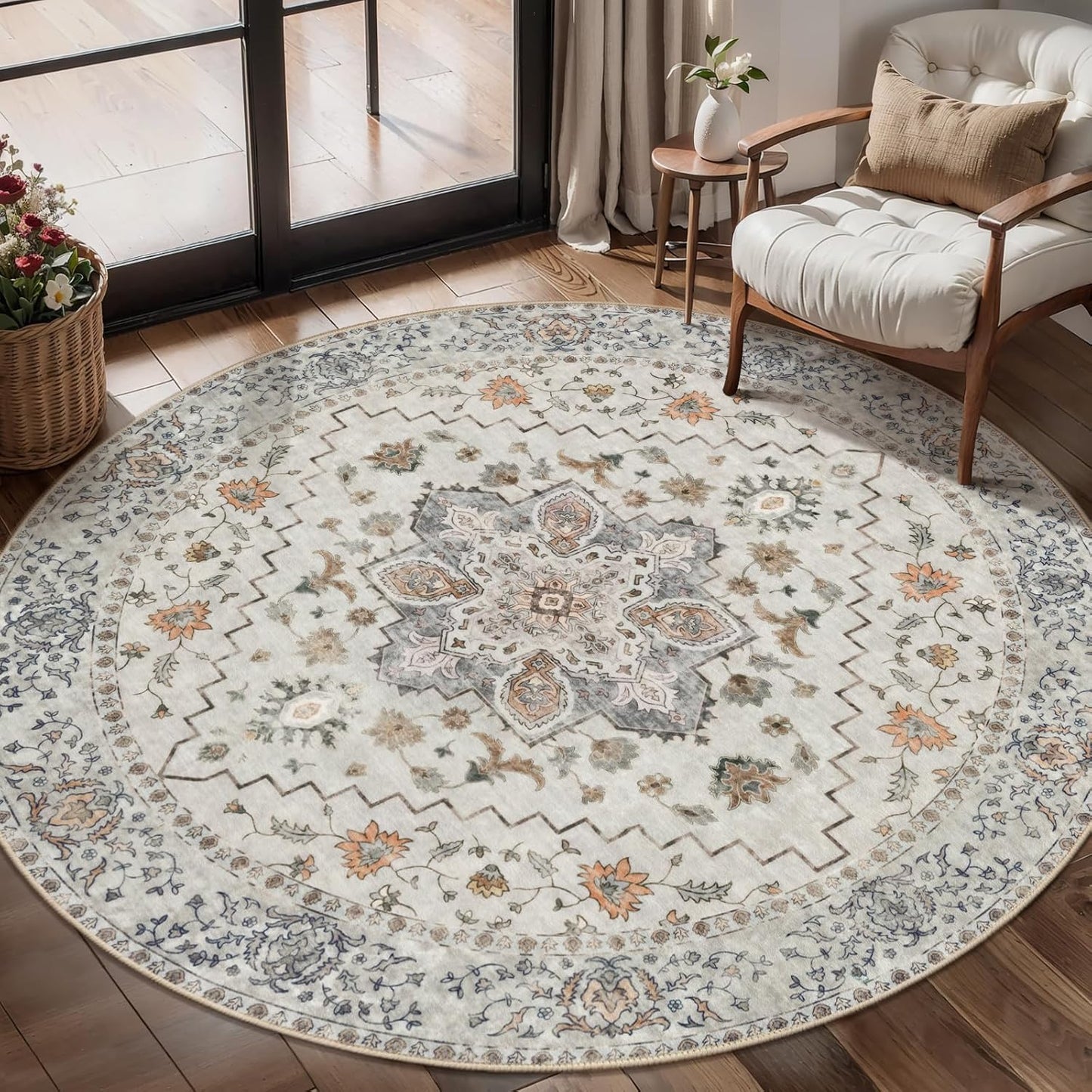 Tangsoo Vintage Round Rug 5ft, Washable Circle Rug, Non Slip Boho Round Area Rug, Low Pile Circular Rugs, Round Carpet for Bedroom,Livingroom,Nursery,Dorm,Office,Taupe