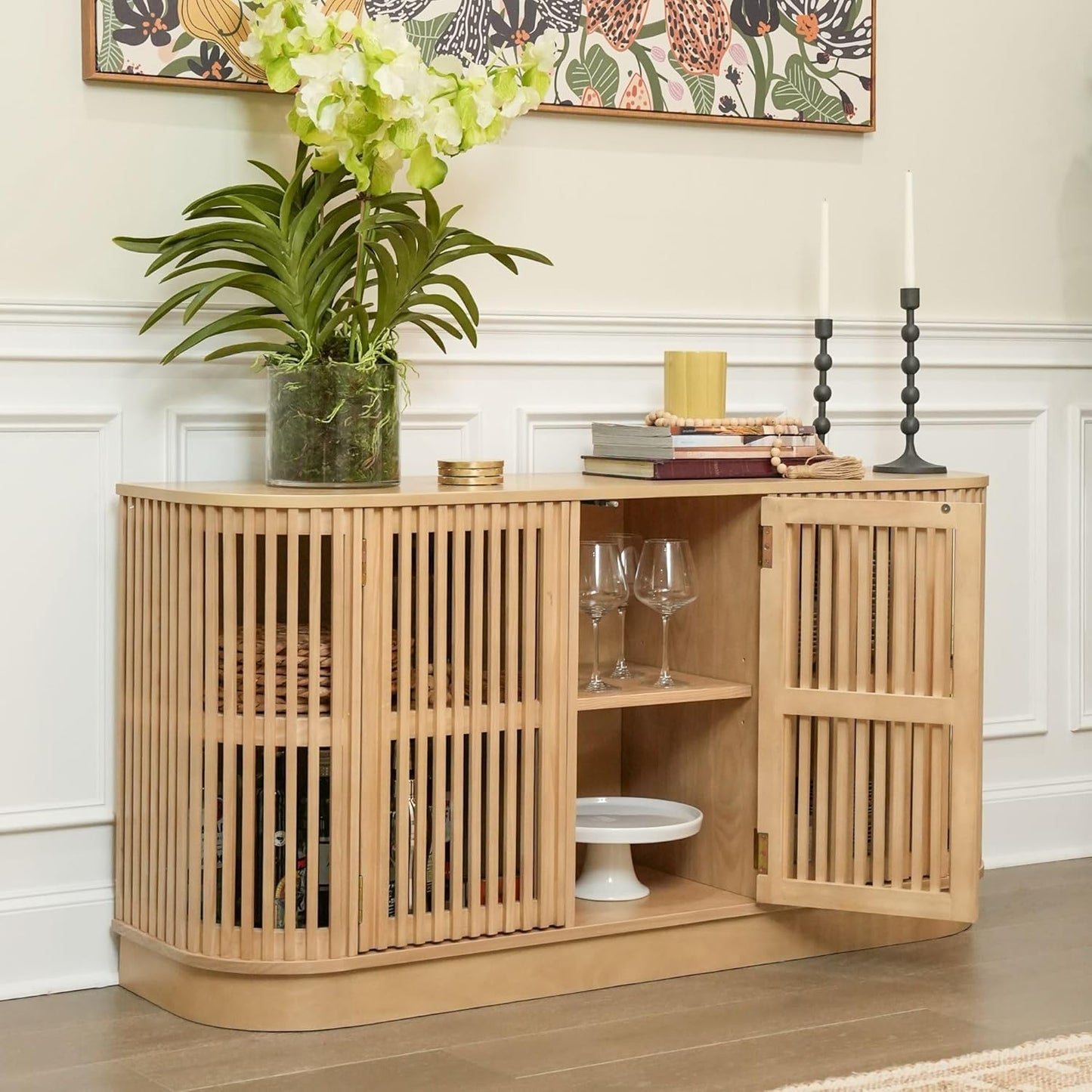 Plank+Beam Contour Wood TV Stand, Three Door Solid Wood Entertainment Console with Storage, 59" L x 16" W x 30" H, Blonde