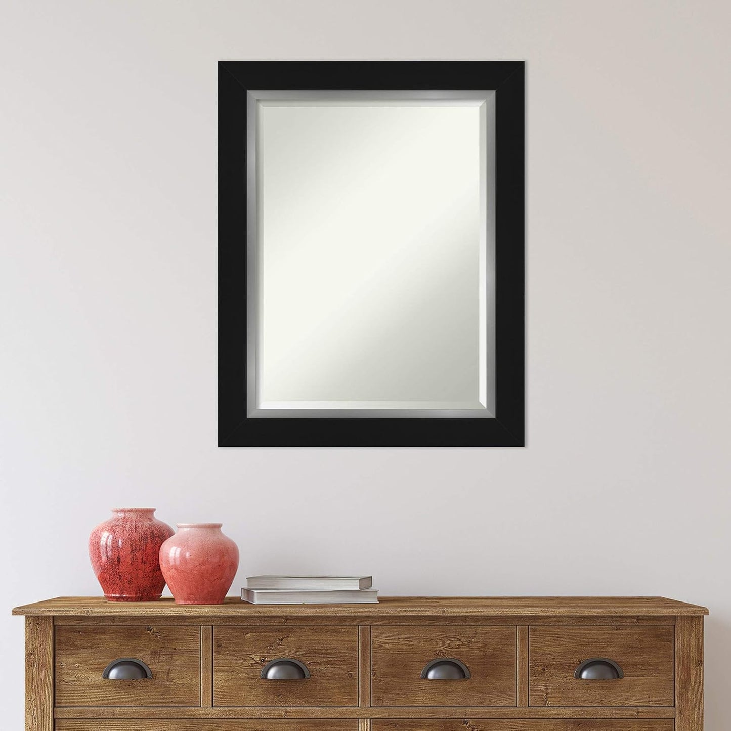 Amanti Art Black Bathroom Mirror for Over Sink, 30x24 Eva Black Silver Rectangle Vanity Mirror, Medium Modern Contemporary Frame, Hangs Horizonally and Vertically, Bathroom Wall Decor, Beveled Edge