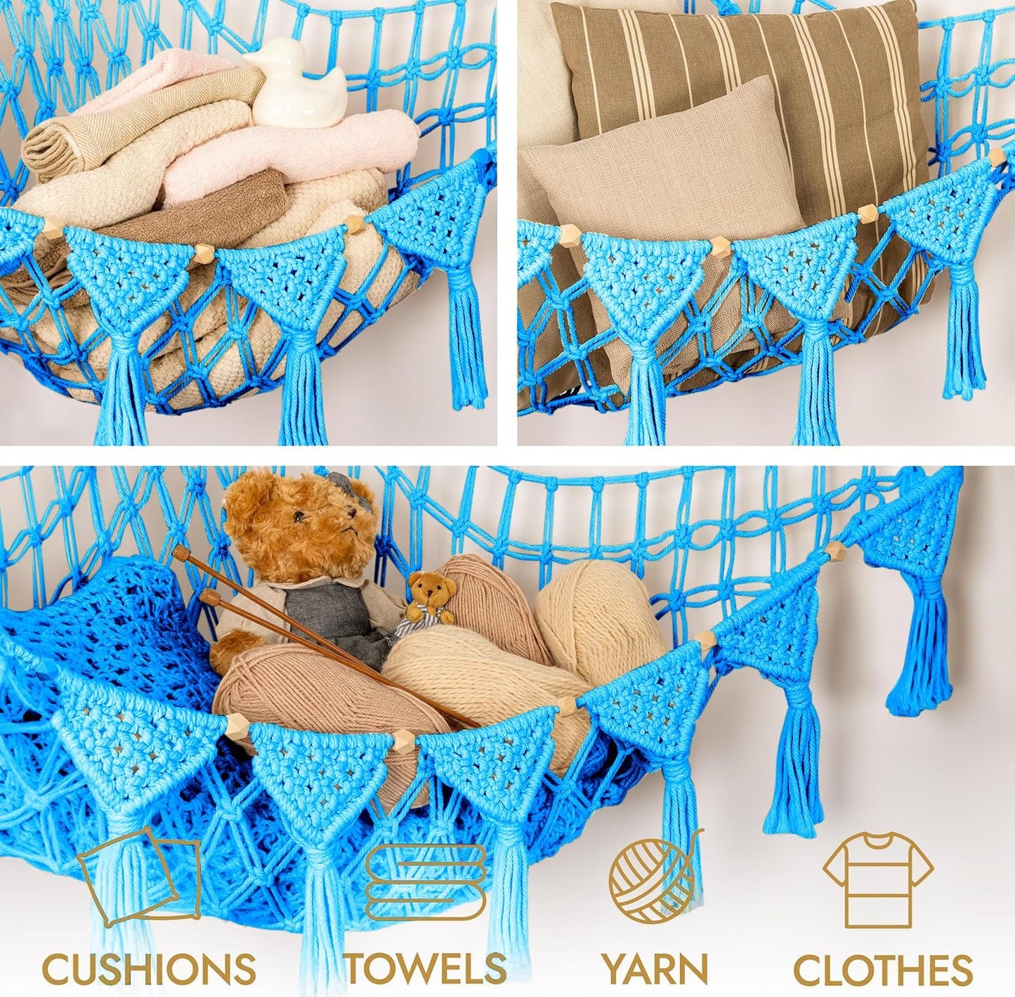 Macrame DreamLights Boho Stuffed Animal Storage Net Hammock Extra Large Plush Toy Storage Holder For Small Or Large Plushies BLUE