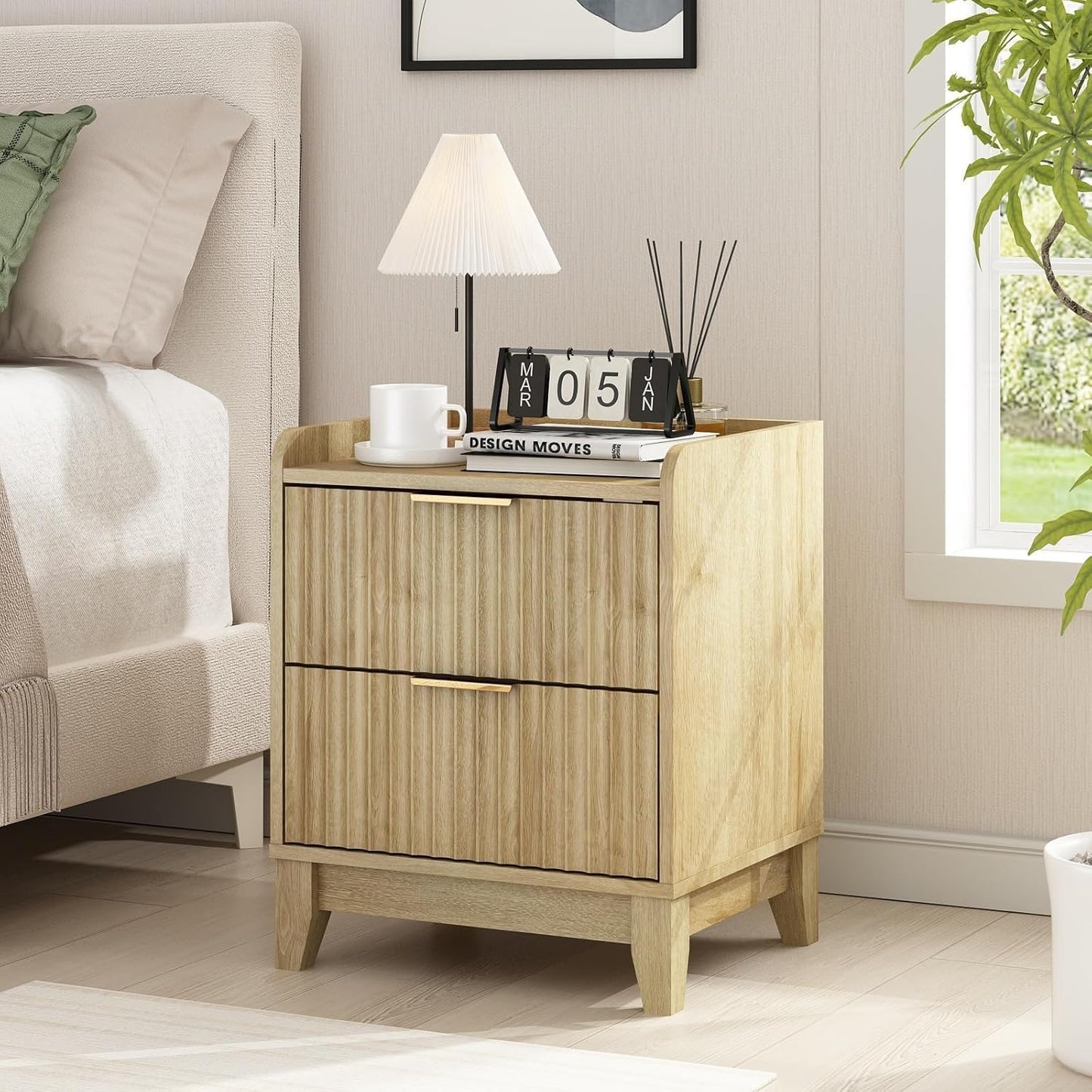 Wnutrees Fluted Nightstand with Charging Station, Modern Bedside Table with 2 Drawers, Farmhouse Wooden End Side Table for Living Room, 2Pack, Natural