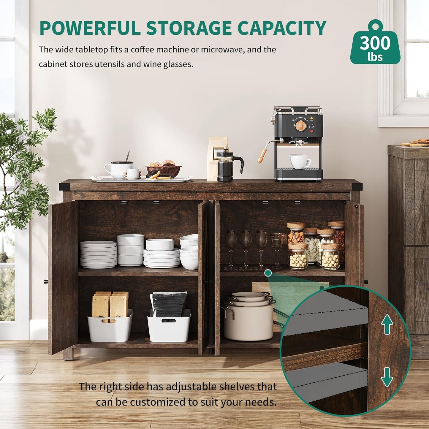 YITAHOME 55'' Buffet Cabinet with Storage, Farmhouse Sideboard Cabinet Coffee Bar Cabinets with Barn Doors & Adjustable Shelves for Kitchen, Living Room, Brown