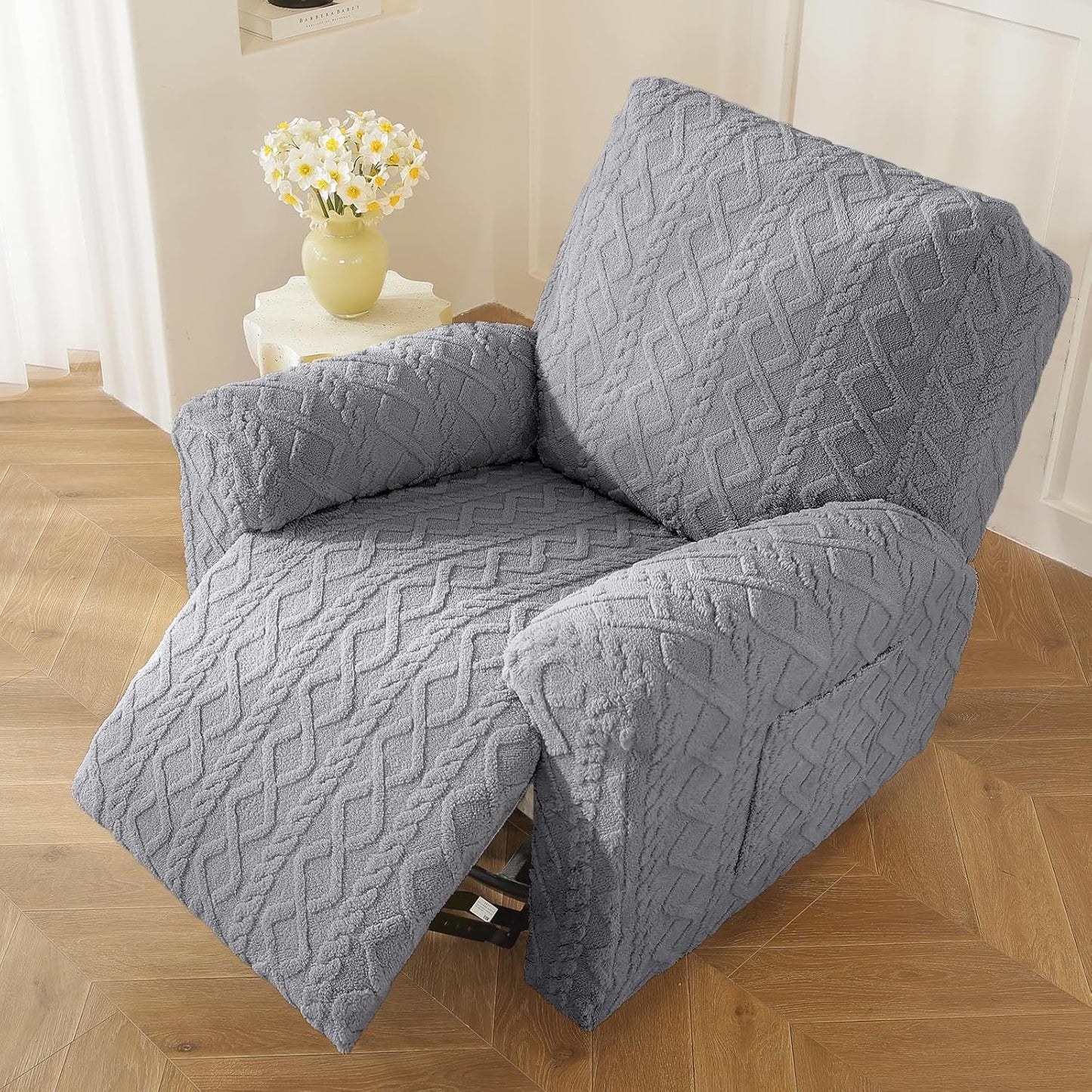 vctops 4 Pieces Geometric Jacquard Plush Recliner Slipcovers Soft Fuzzy Fluffy Sofa Couch Cover Anti-Slip Furniture Protector with Elastic Bottom for Kids Cats Dogs(Grey,1 Seat)