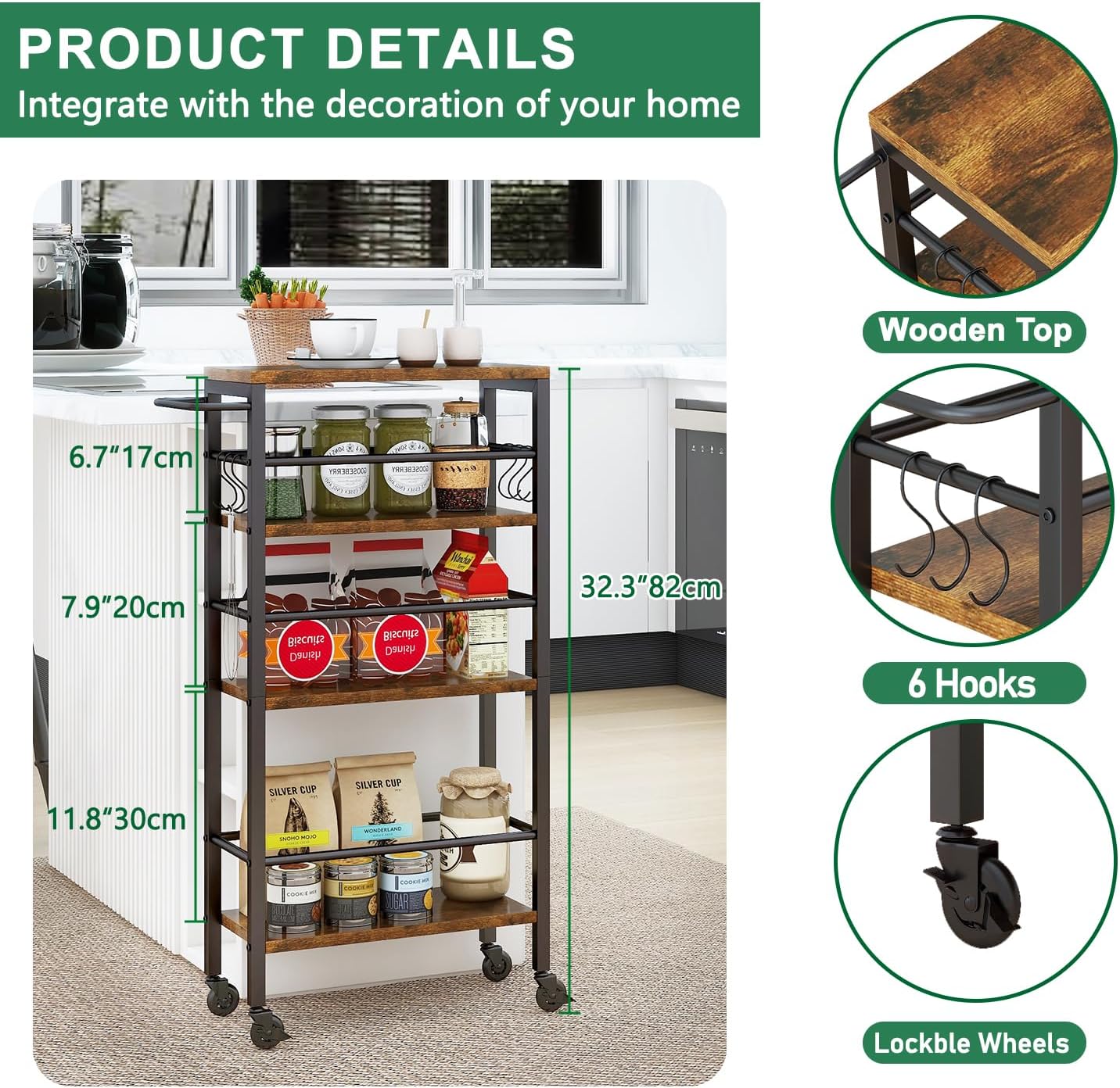 IBUYKE 7.8" Slim Rolling Cart,4-Tier Metal Kitchen Storage Cart,Trolley cart on Wheels for Narrow Space,with Handle and Wooden Tabletop,for Kitchen, Dining Room,Laundry Room,Rustic Brown UTMJ065H