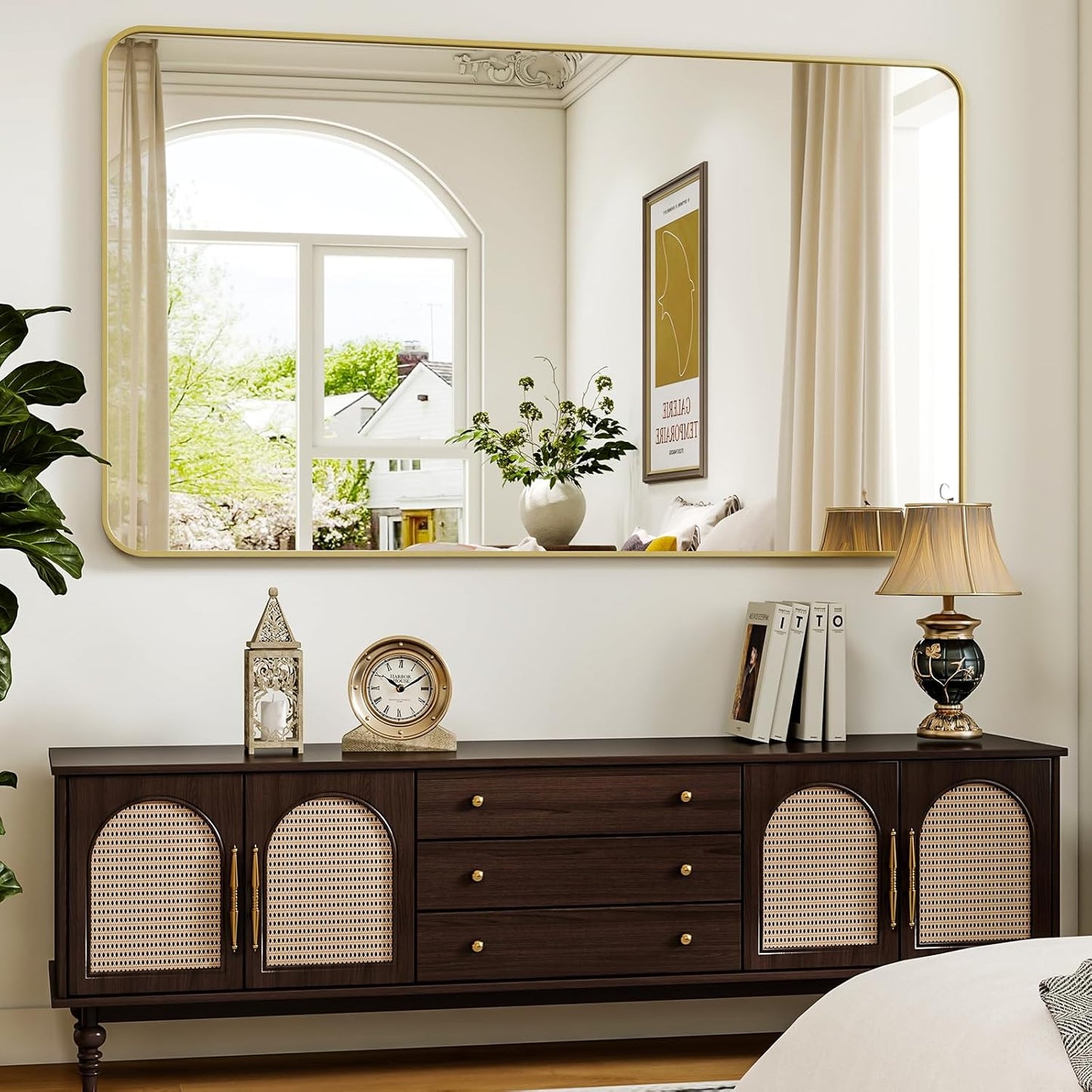 30 x 48 Inch Bathroom Mirror, Rounded Rectangular Vanity Mirror for Wall, Modern Mirror for Room Decor, Gold Framed Wall-Mounted Mirrors for Home Decor, Hangs Horizontally or Vertically