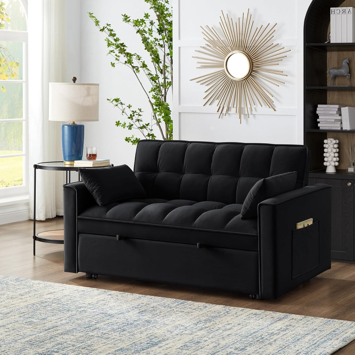 KEIKI Velvet Loveseat Convertible Sofa Bed Sleeper Chair with Adjustable Backrest, Pillows & Storage Pockets, 3 in 1 Pull-Out Couch Chaise Lounge Recliner for Living Room Balcony Bedroom, Black