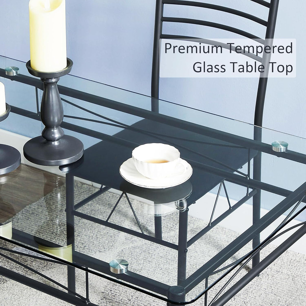 VECELO Kitchen Dining Table and Chairs Set for 4, PU Padded Seat & Glasses Tabletop, Space Saving, Matte Black