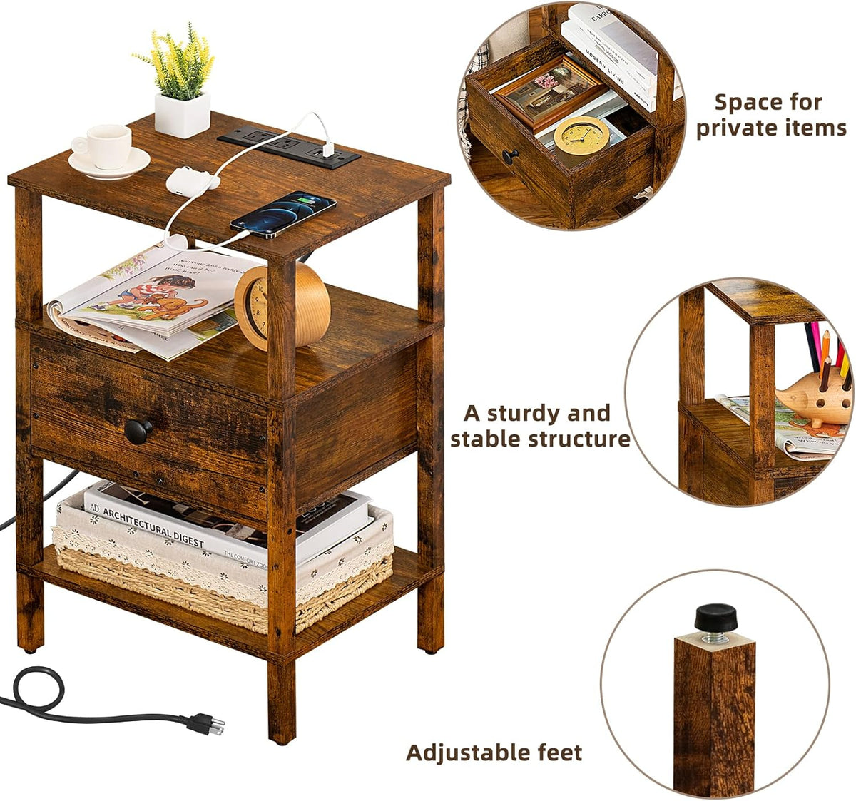 Lerliuo Nightstand with Charging Station and USB Ports, 3-Tier Storage End Table with Drawer Shelf, Night Stand for Small Spaces, Wood Bedside Table for Living Room, Bedroom - Retro Brown…