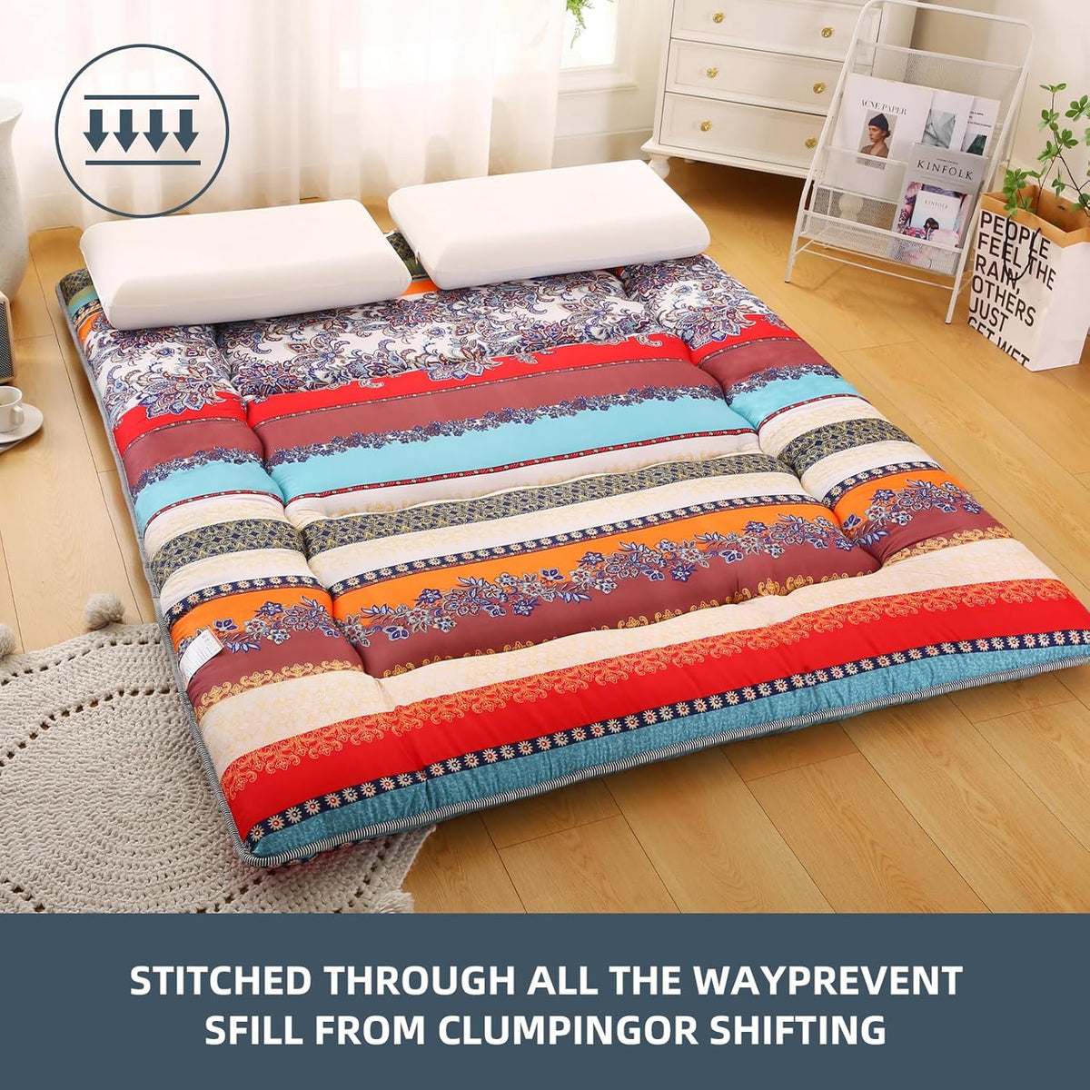 Bohemian Retro Japanese Floor Mattress, Vintage Floral Tatami Floor Mat, Portable Roll up Futon Mattress for Guest,Tavel (B,Twin 80" x 36")