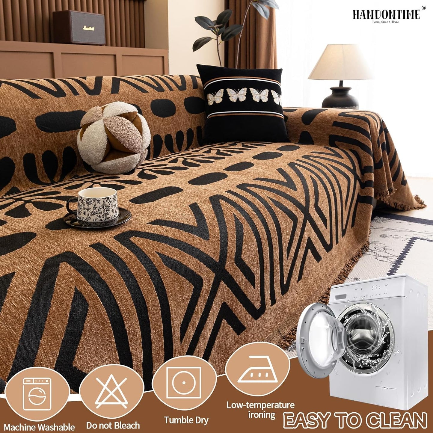HANDONTIME Boho Couch Cover Geometric Striped Pet Covers for Couches and Sofas Copper Brown and Black Dog Cover for Couch Pet Friendly Chenille Sectional Sofa Covers for Pets Washable, 71" X 118"