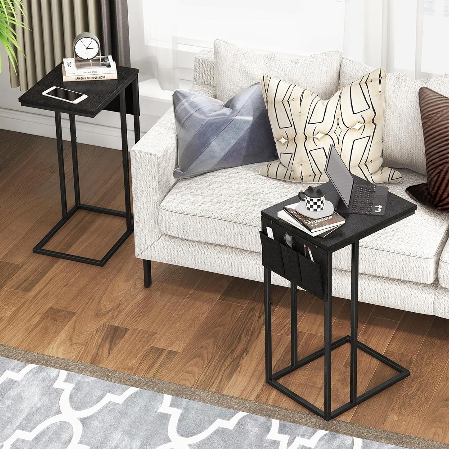 C Shaped End Table for Couch, Small Couch Side Table for Sofa, C Side Table with Storage Bag, TV Tray Table for Living Room, Bedside Table for Bedroom, Snack End Table for Couch, Black