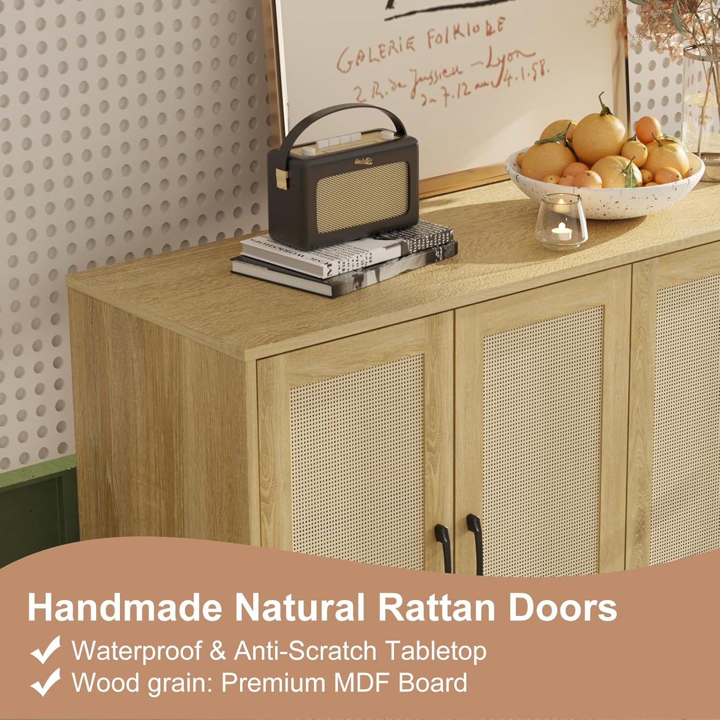 Storage Cabinet with Rattan Trim - 4 Door Sideboard Buffet Cabinet with Storage and Shelves for Bathroom, Coffee Bar, Kitchen, Living Room, Hallway (Natural Wood)