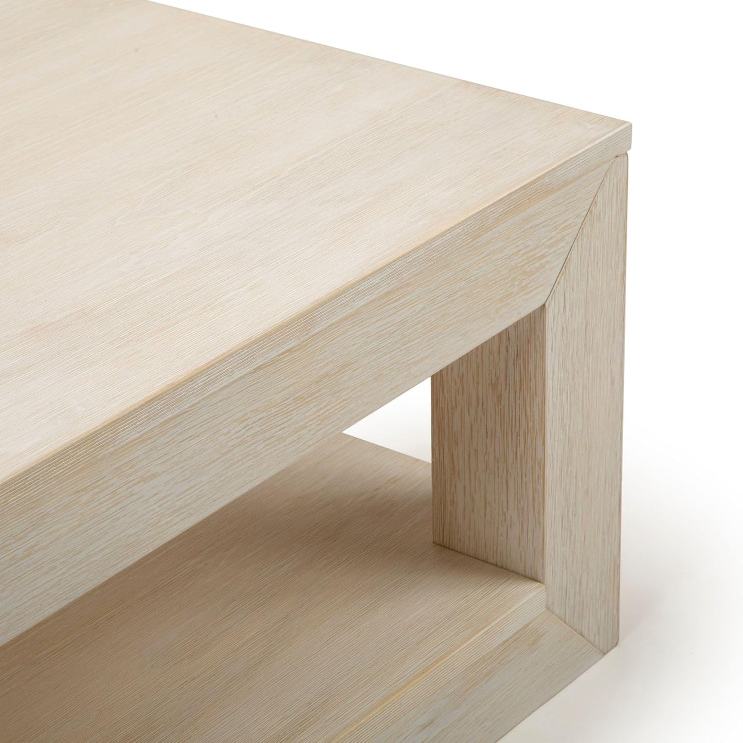 Plank+Beam Modern Rectangular Coffee Table with Shelf, 48", Solid Wood Center Table with Storage, 2 Tier Tea Table for Living Room, White Sand Wirebrush
