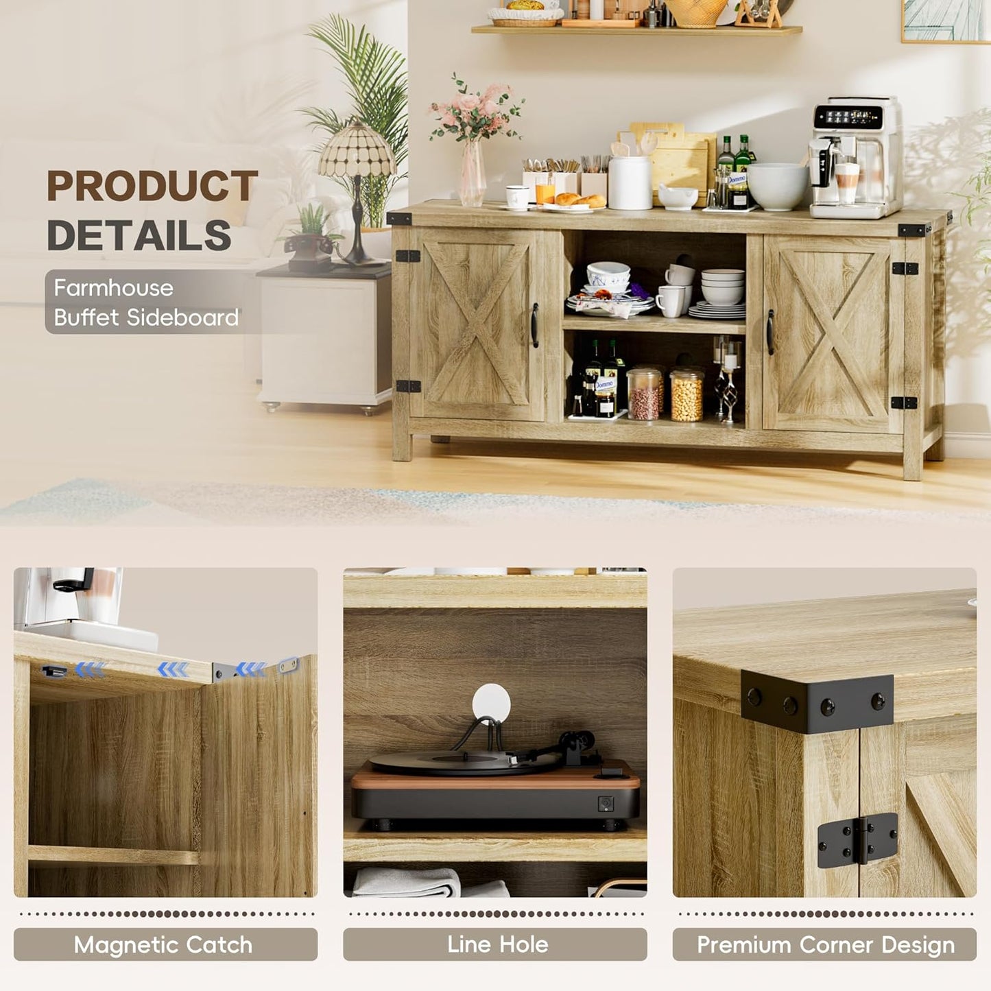 YESHOMY Farmhouse Buffet & Sideboard, 58" Kitchen Storage Cabinet with Adjustable Shelves & Doors, Wood Coffee Bar for Living Room, Entryway, Yellow