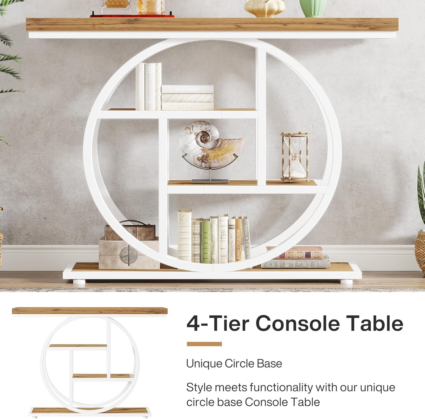 Tribesigns 41.3" Console Table, Industrial 4-Tier Sofa Table Entryway Table with Circle Base, Narrow Wood Accent Tables with Storage Shelves for Living Room, Hallway, Foyer, Brown White