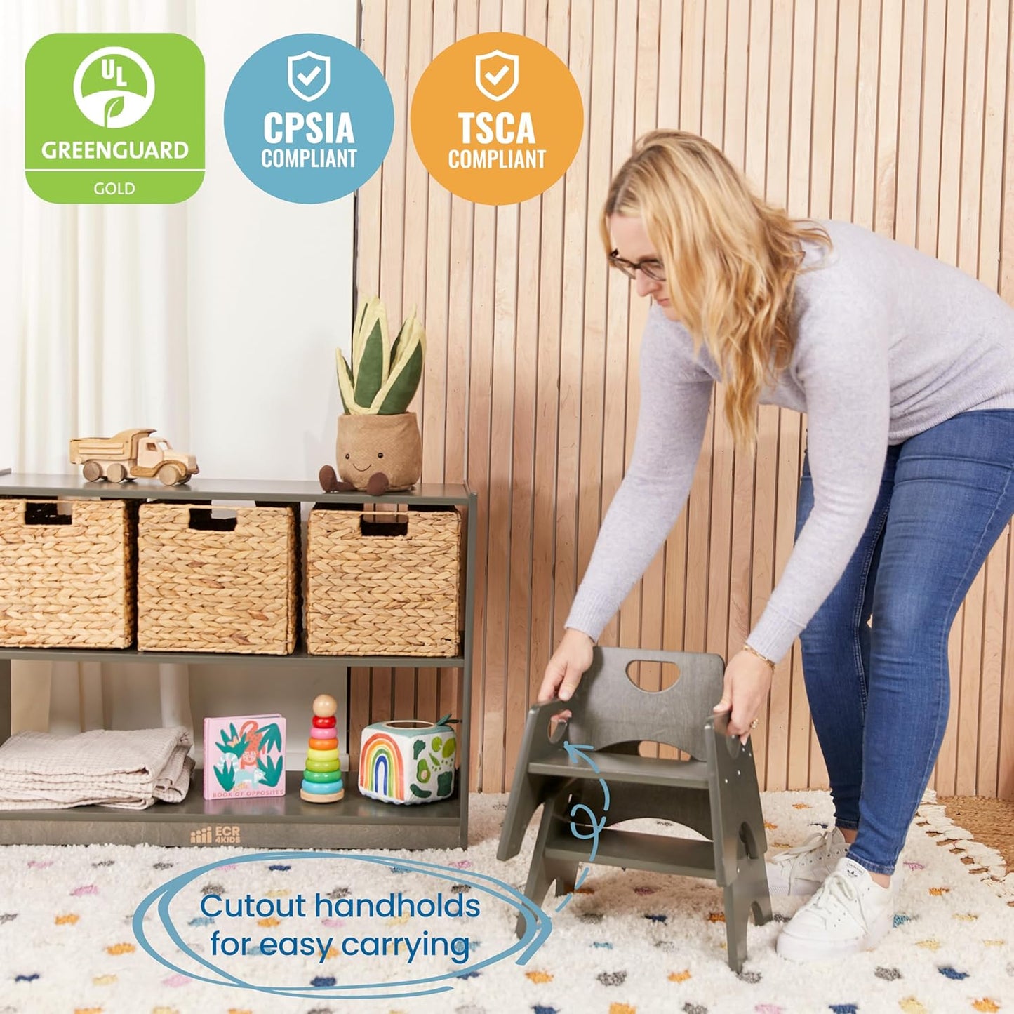 ECR4Kids Stackable Wooden Toddler Chair, 6in, Kids Furniture, Grey Wash, 2-Pack