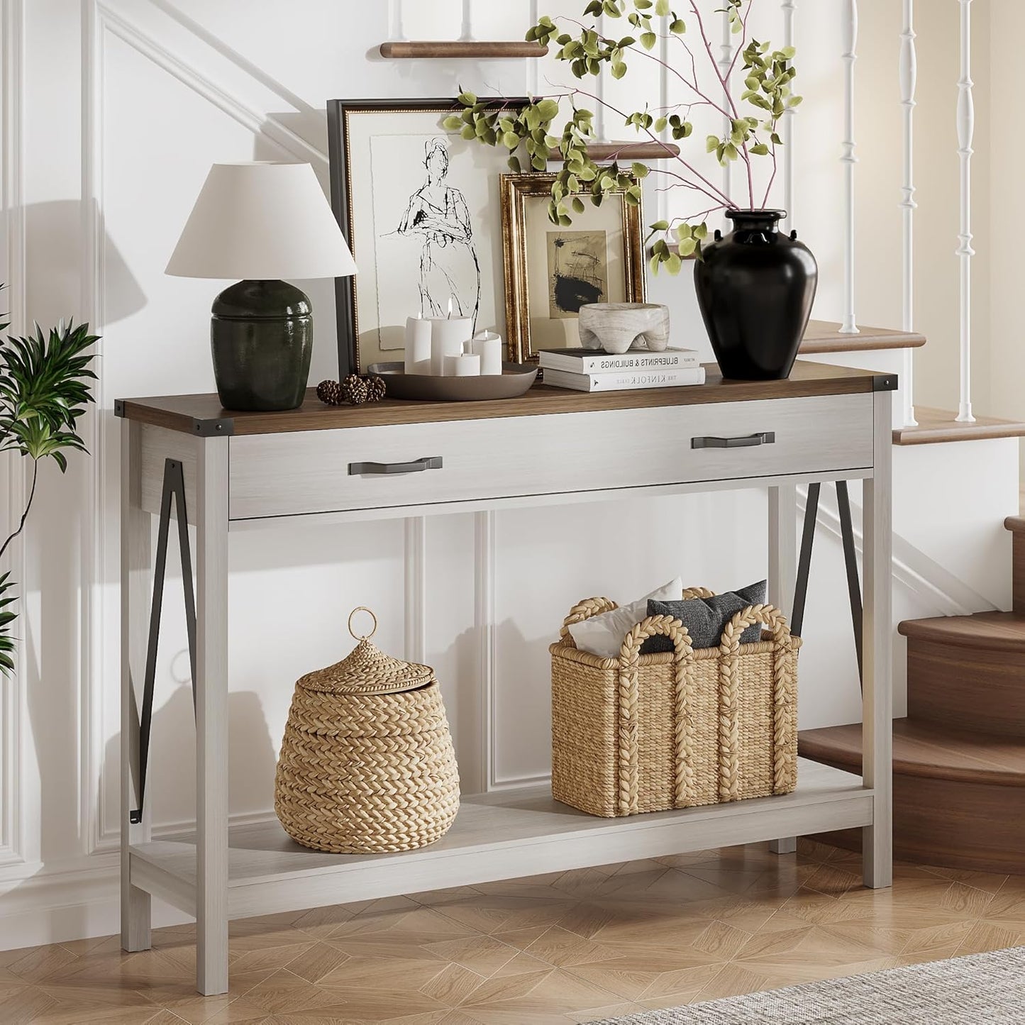 ChooChoo 47'' Farmhouse Console Table with Drawer, Entryway Table with Storage Shelf, Rustic A-Design Sofa Table for Hallway, Entrance, Living Room, White&Brown