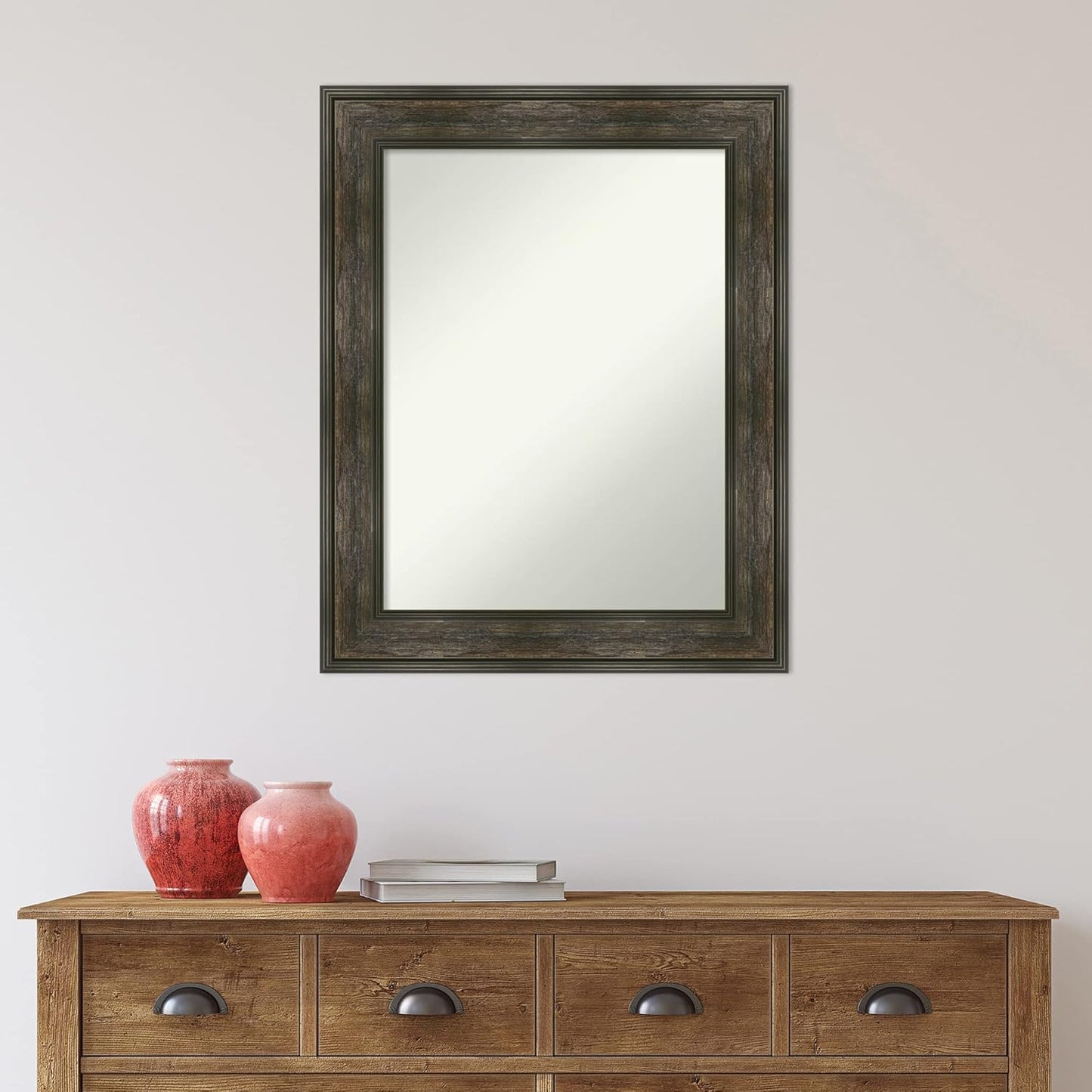 Amanti Art Grey Bathroom Mirror for Over Sink, 28x22 Pinstripe Plank Grey Narrow Rectangle Vanity Mirror, Medium Country Rustic Frame, Hangs Horizonally and Vertically, Bathroom Wall Decor