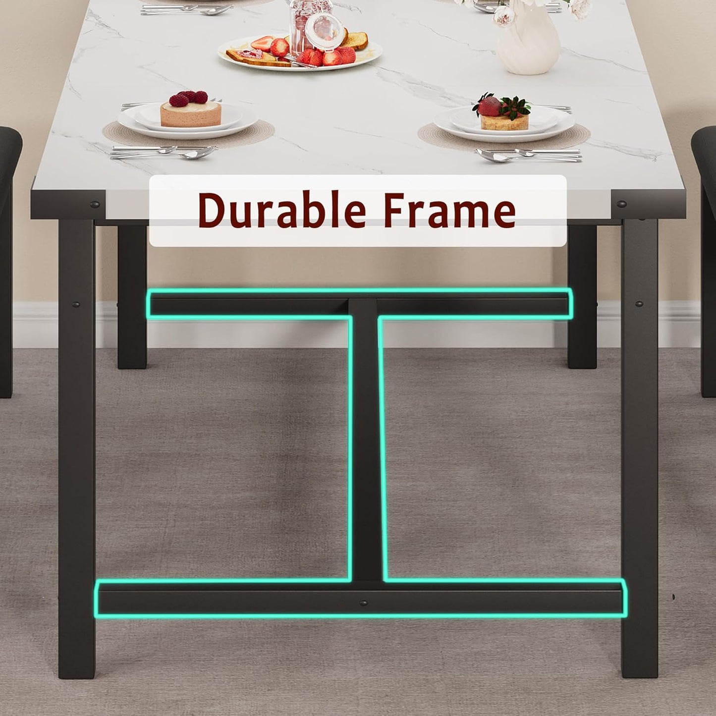 GarveeHome Extendable Dining Table Set for 4-6, Rectangle Large Extendable Kitchen Table with 2 Upholstered Benches & Metal Corner Protect for Dining, Apartment, Space Saving, Marble White