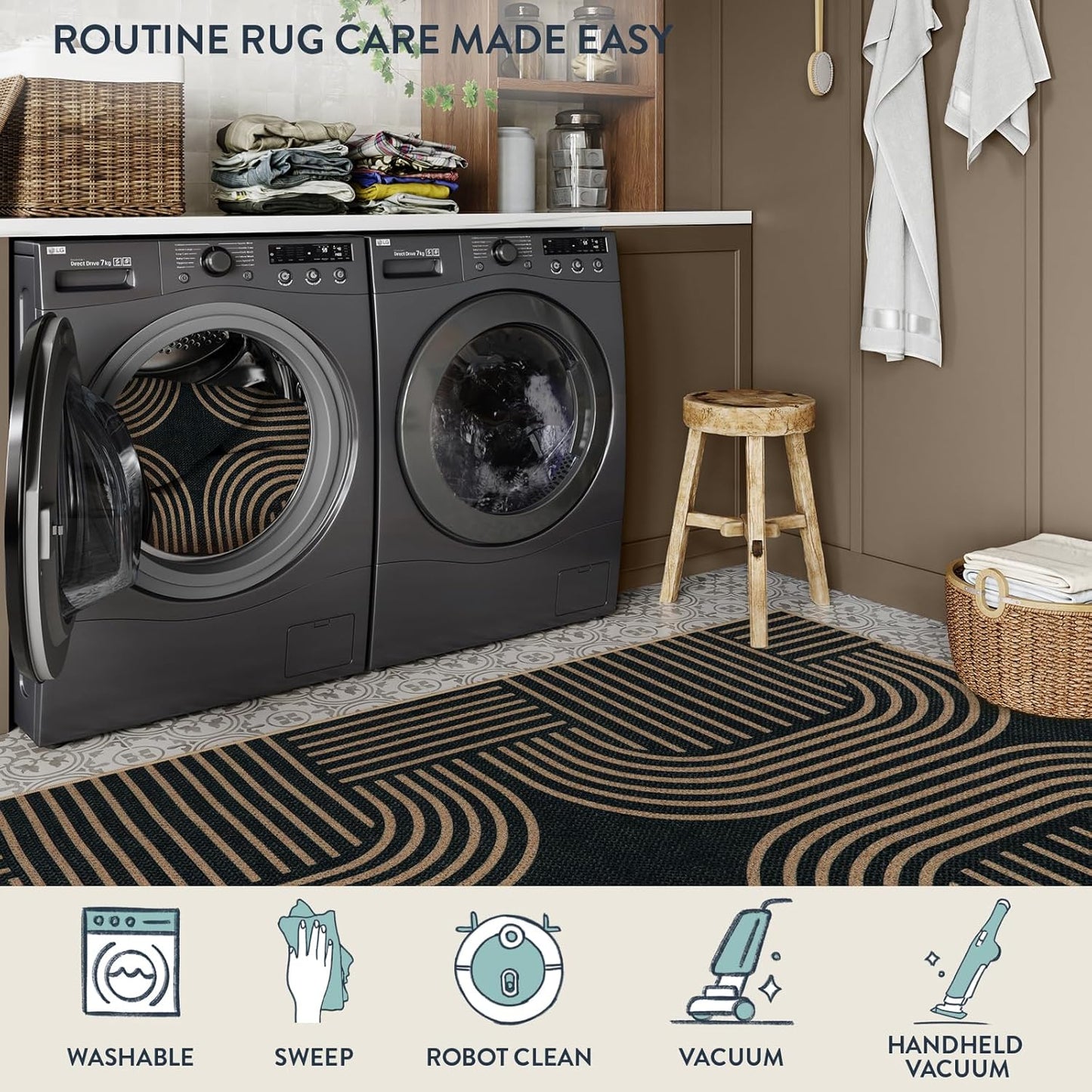 Lahome Modern Geometric Black Runner Rug, 2x8 Indoor Outdoor Hallway Kitchen Runner Rug with Rubber Backing, Farmhouse Washable Non Slip Non Shedding Floor Carpet for Bedroom Entry Patio